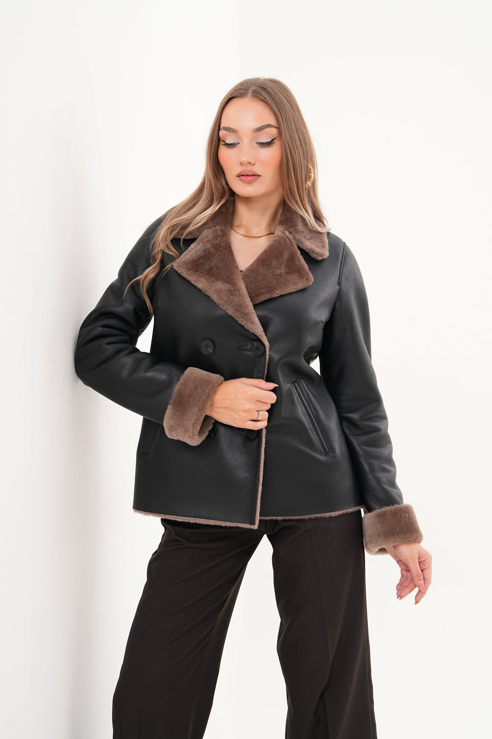 The Zurich Double-Breasted Brown Shearling Collar Leather Jacket All New