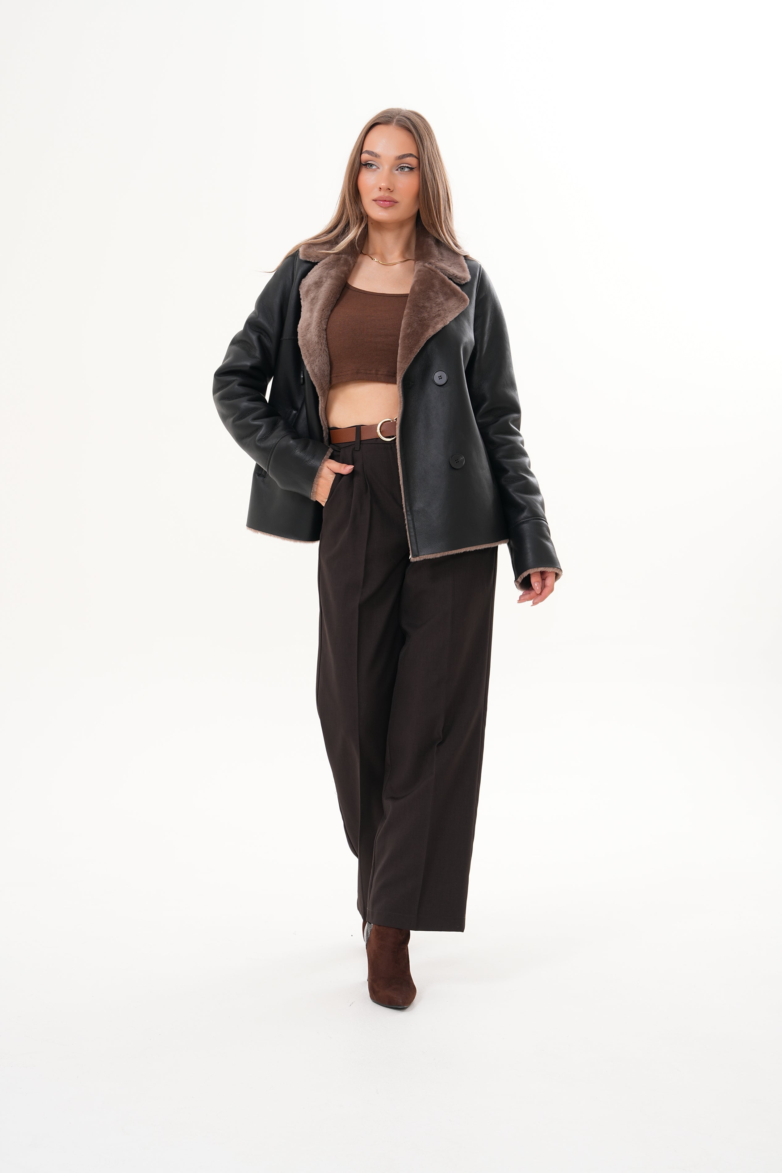 The Zurich Double-Breasted Brown Shearling Collar Leather Jacket All New