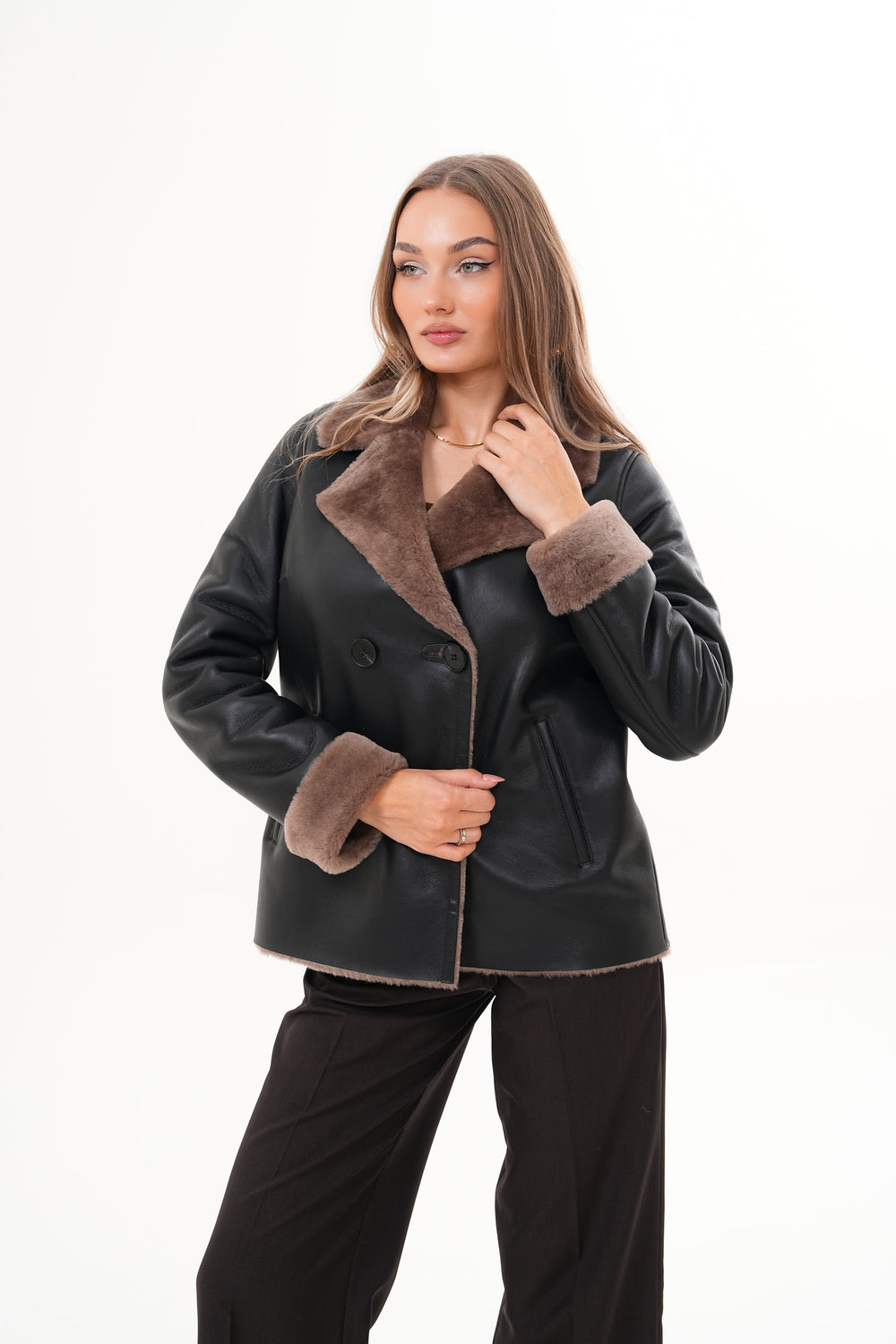 The Zurich Double-Breasted Brown Shearling Collar Leather Jacket All New