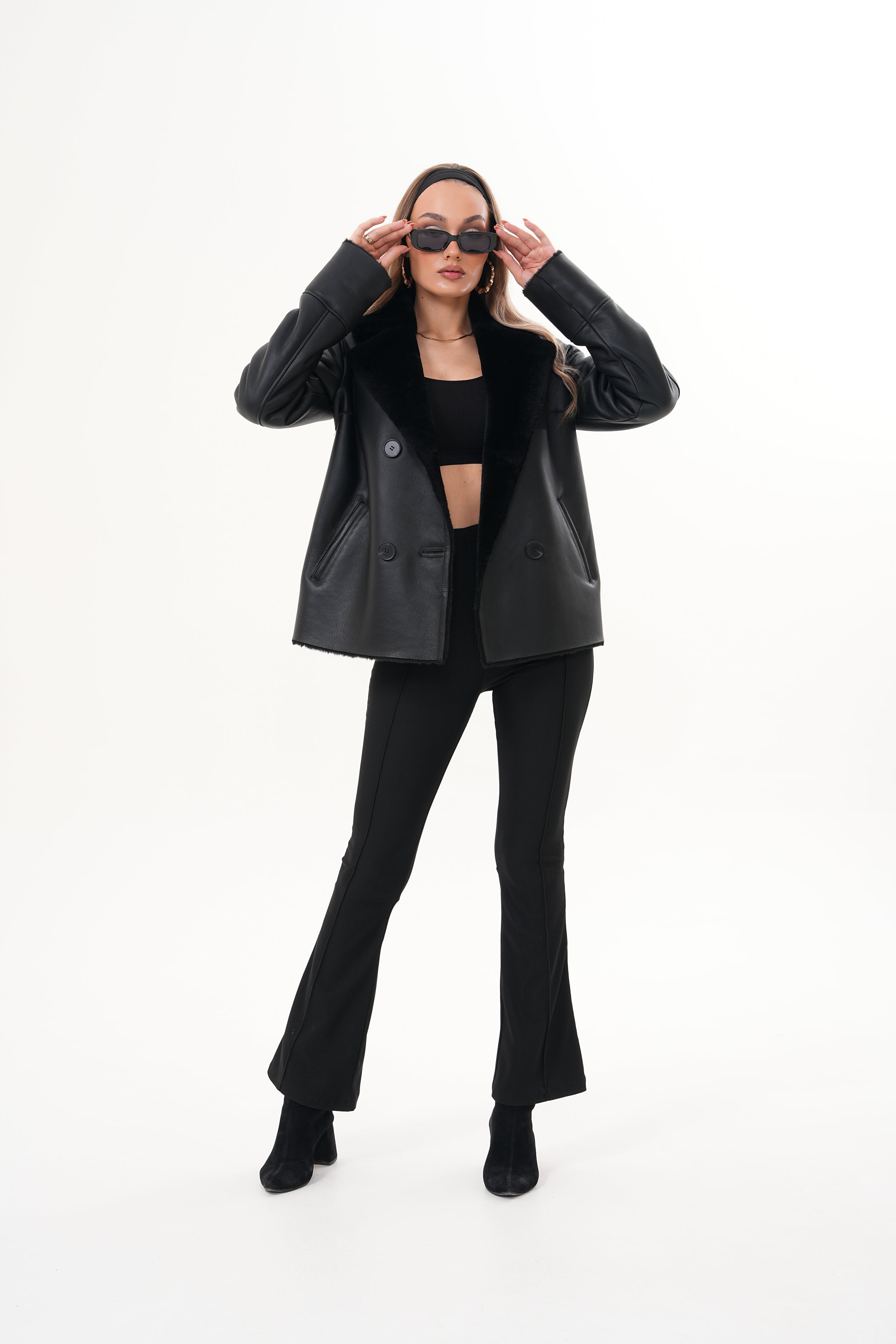The Zurich Double-Breasted Black Shearling Leather Jacket Universal Fit