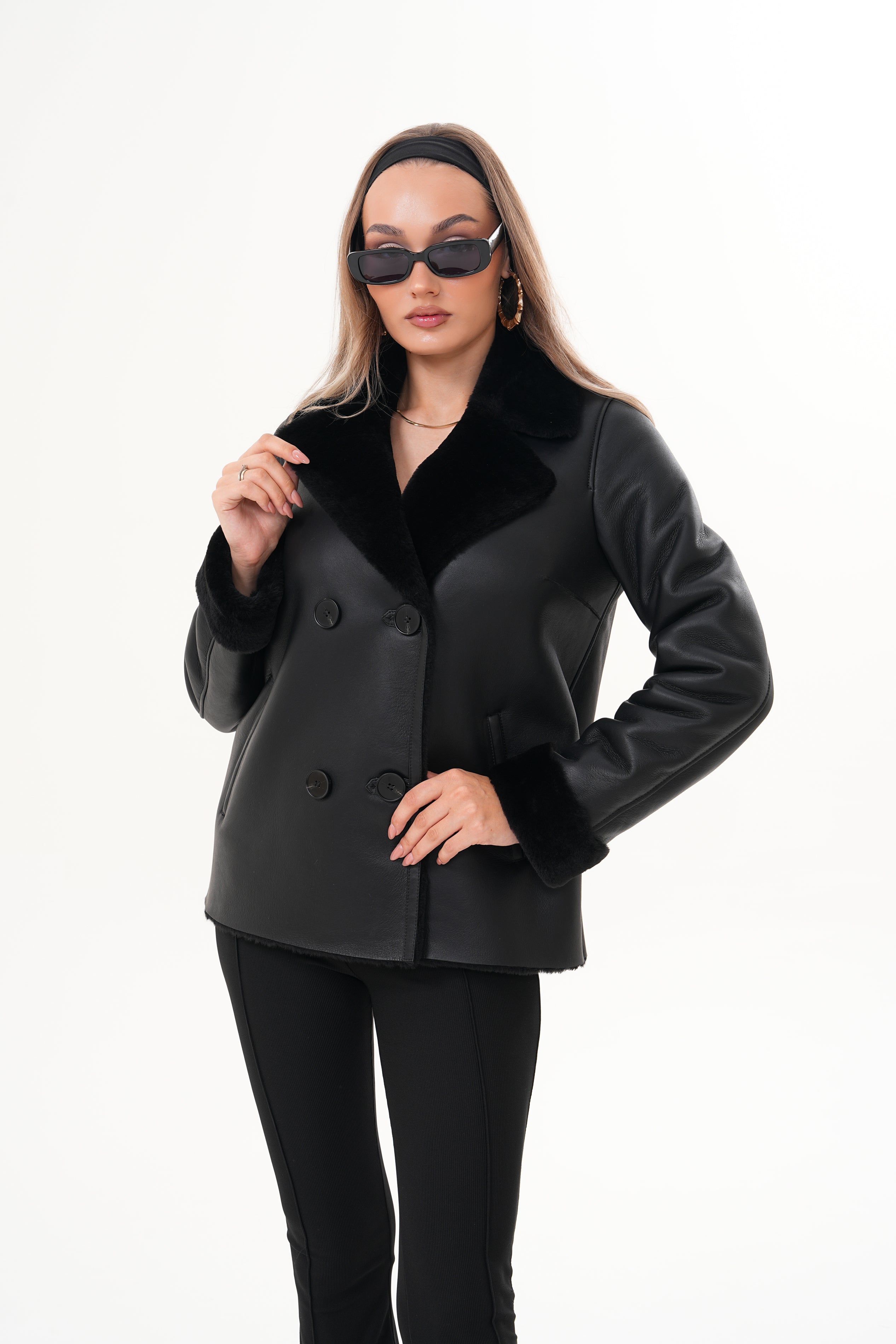 The Zurich Double-Breasted Black Shearling Leather Jacket Universal Fit