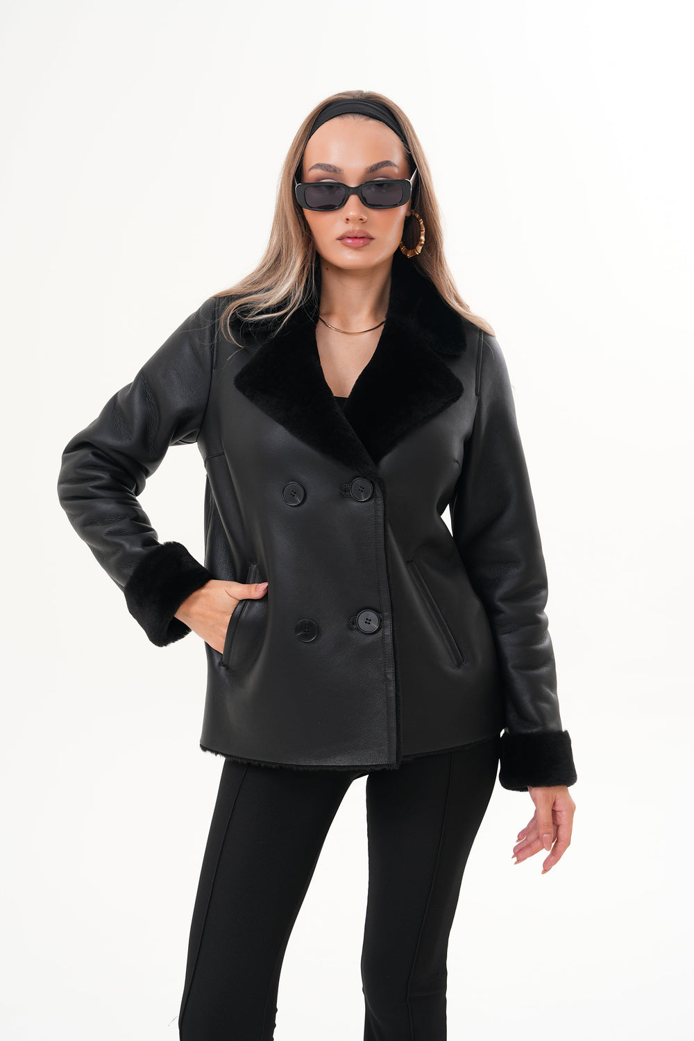 The Zurich Double-Breasted Black Shearling Leather Jacket Universal Fit