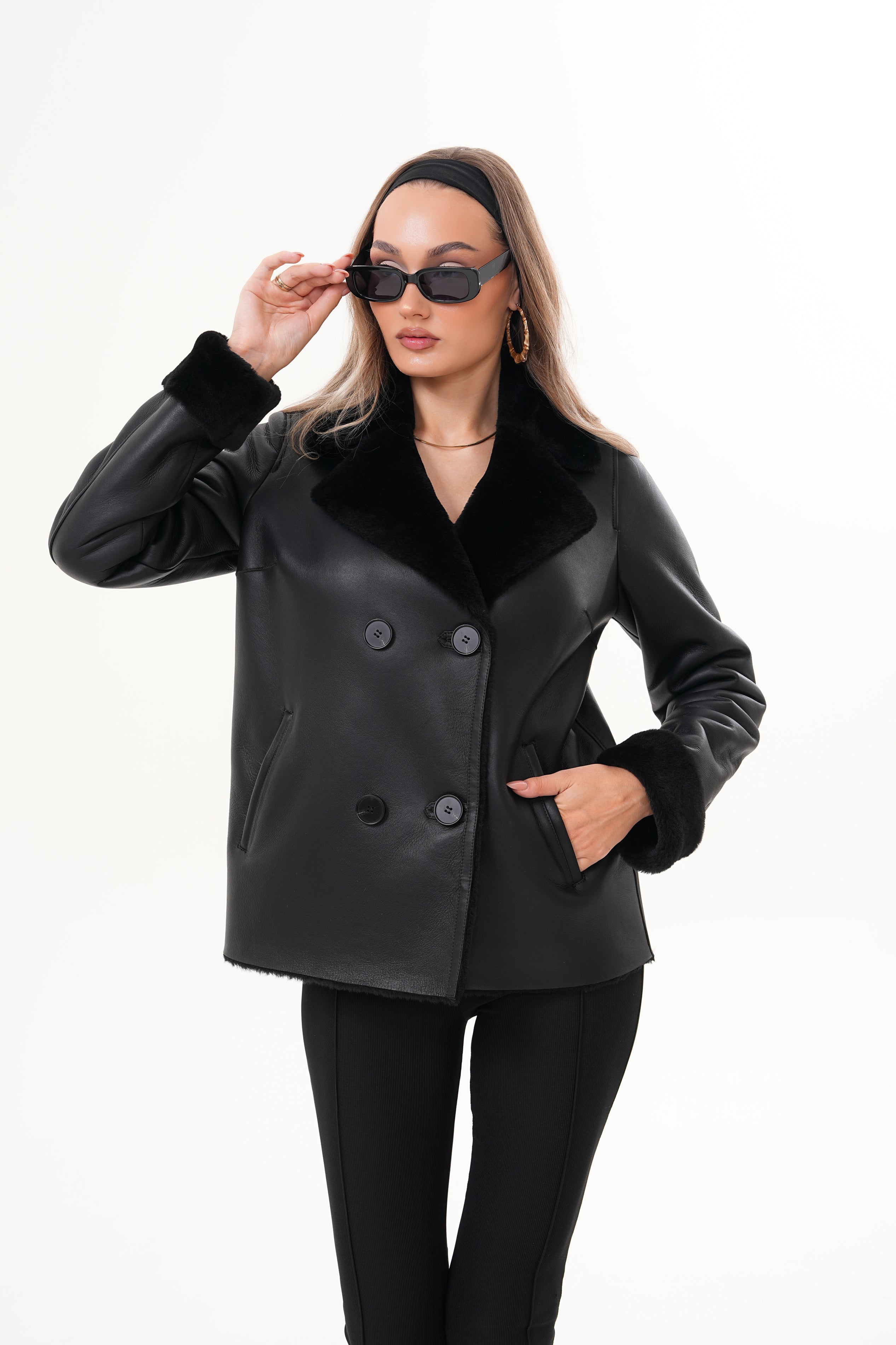 The Zurich Double-Breasted Black Shearling Leather Jacket Universal Fit