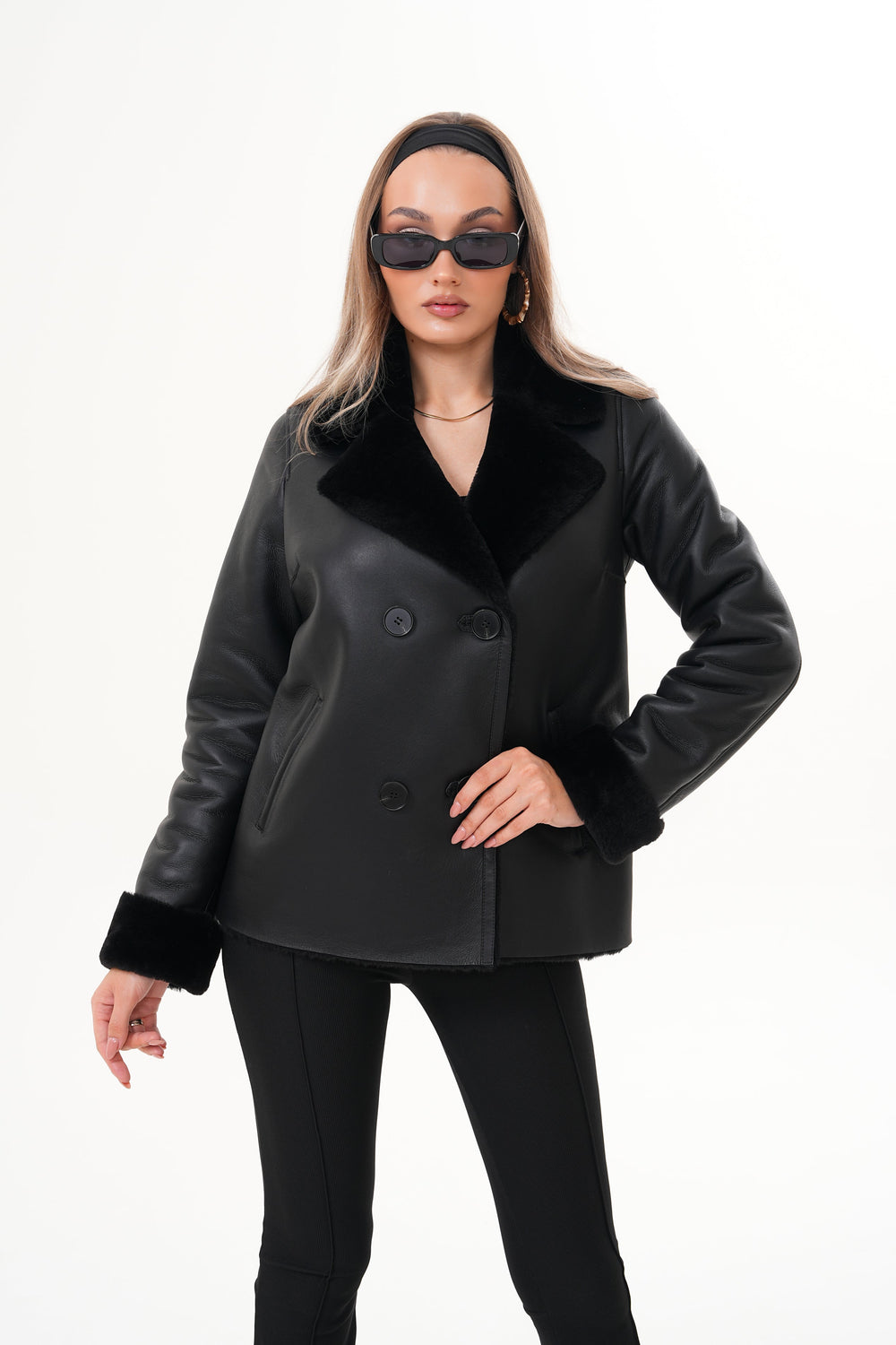 The Zurich Double-Breasted Black Shearling Leather Jacket Universal Fit