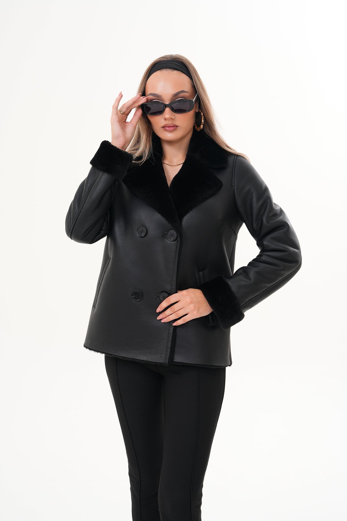 The Zurich Double-Breasted Black Shearling Leather Jacket Universal Fit