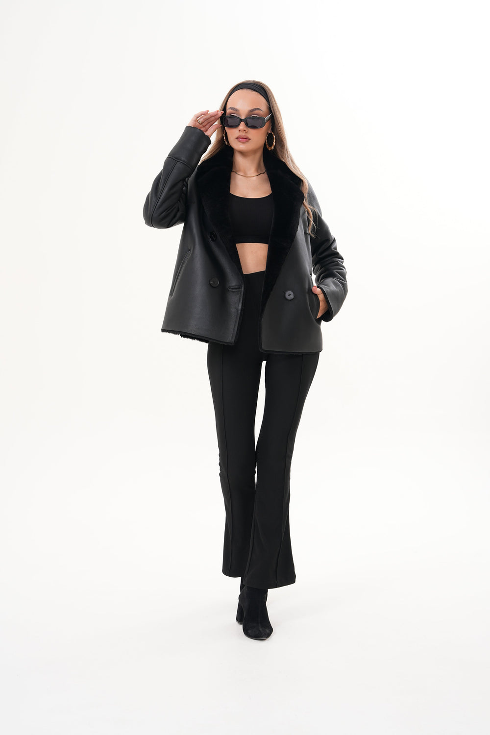 The Zurich Double-Breasted Black Shearling Leather Jacket Universal Fit
