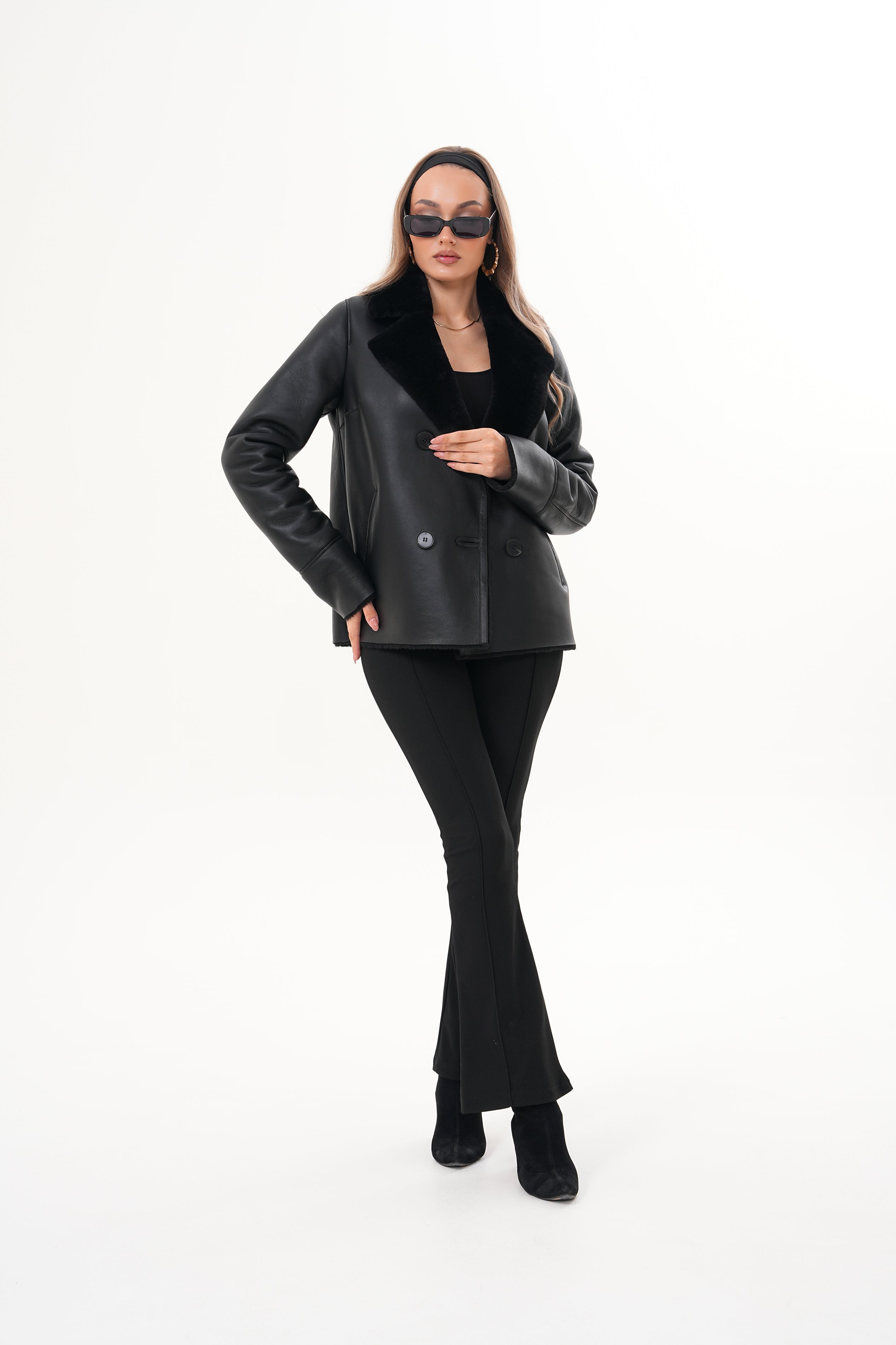 The Zurich Double-Breasted Black Shearling Leather Jacket Universal Fit