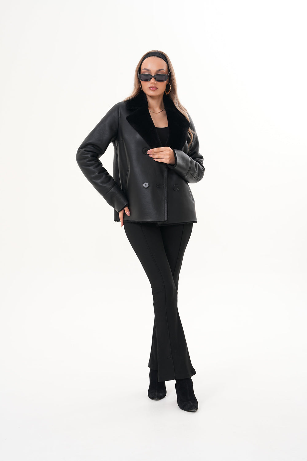 The Zurich Double-Breasted Black Shearling Leather Jacket Universal Fit