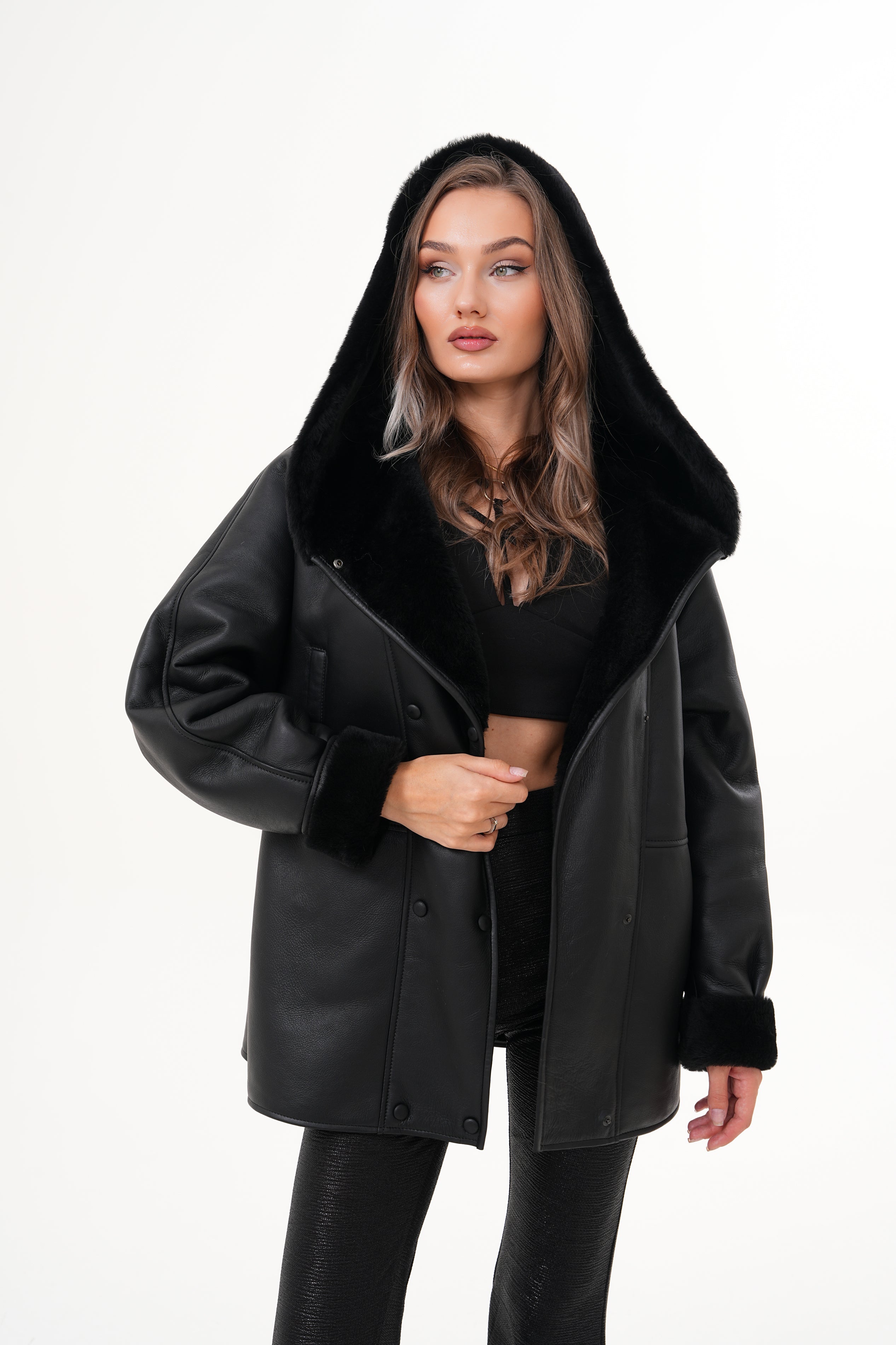 The Denali Hooded Black Shearling Leather Jacket Fine Craftsmanship