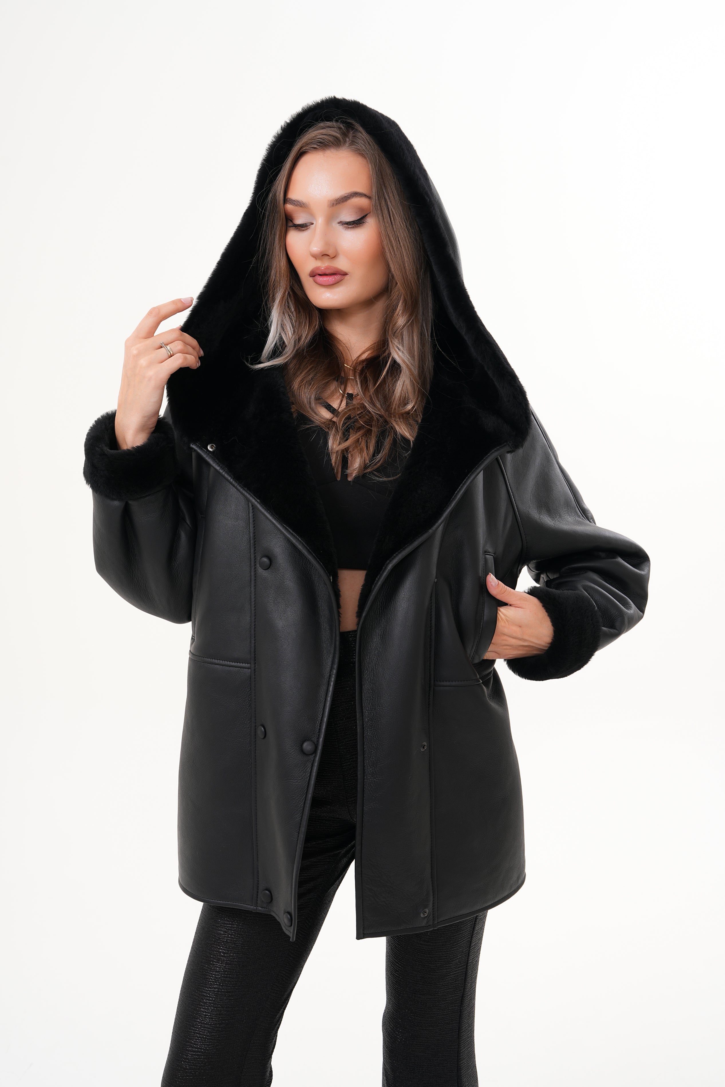The Denali Hooded Black Shearling Leather Jacket Fine Craftsmanship