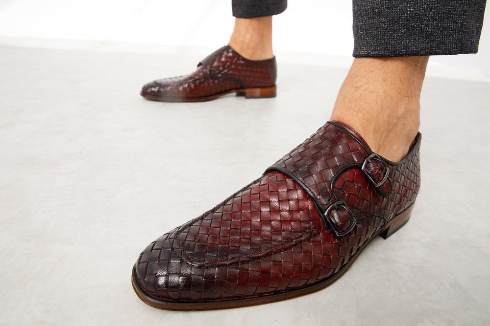 The Turan Burgundy Woven Double Monk Strap Dress  Shoe For Sale