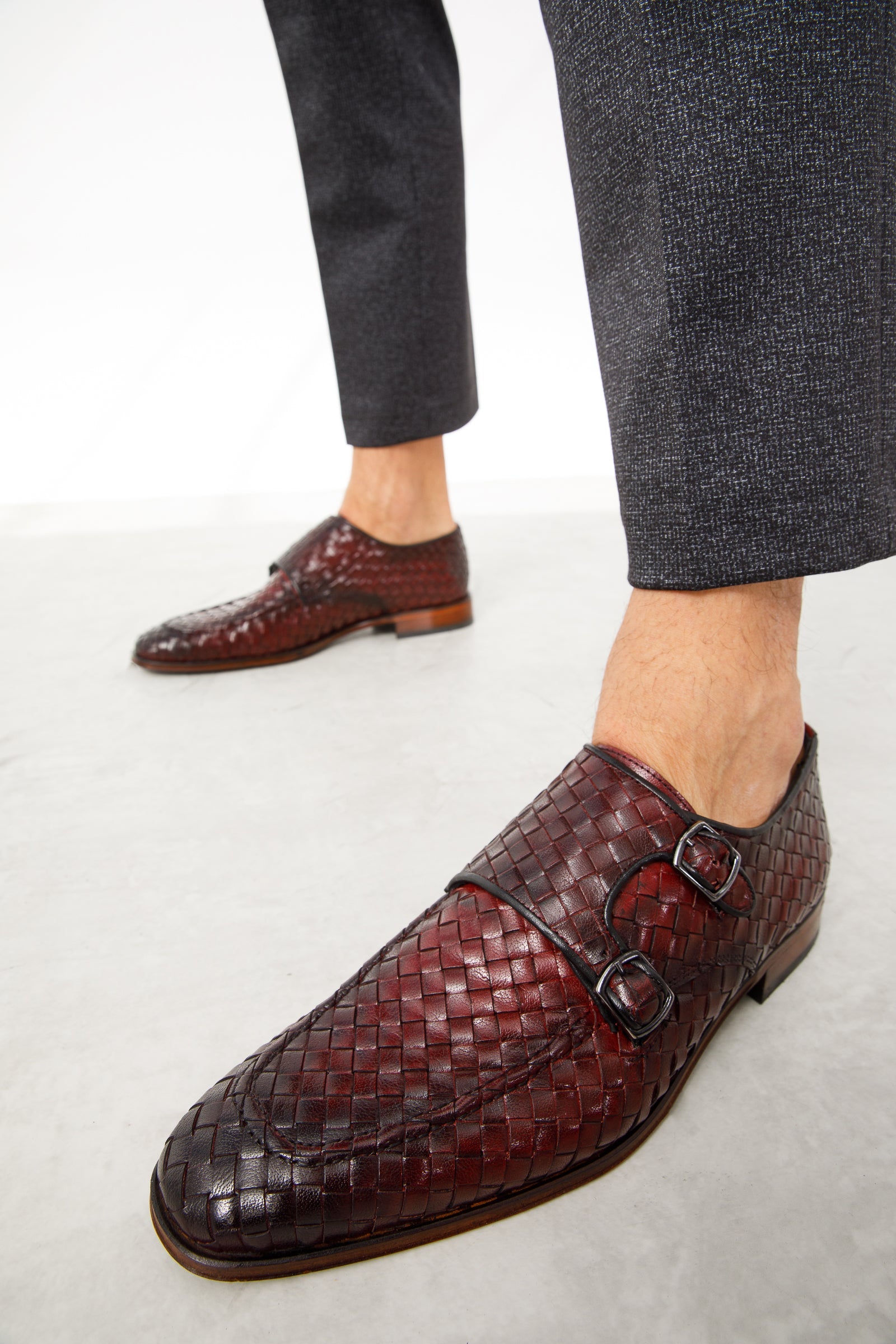 The Turan Burgundy Woven Double Monk Strap Dress  Shoe For Sale