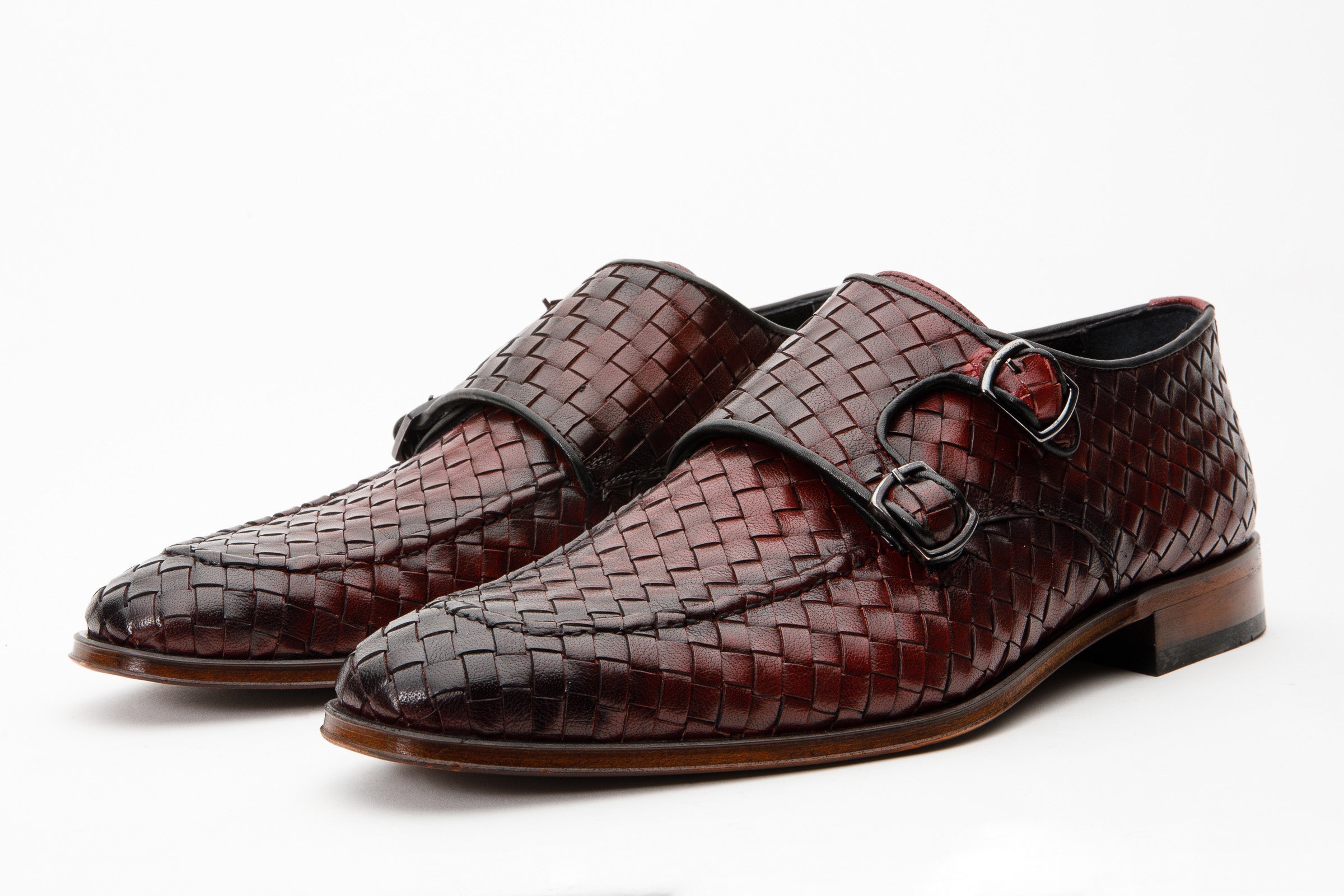 The Turan Burgundy Woven Double Monk Strap Dress  Shoe For Sale