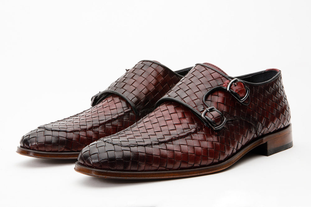The Turan Burgundy Woven Double Monk Strap Dress  Shoe For Sale