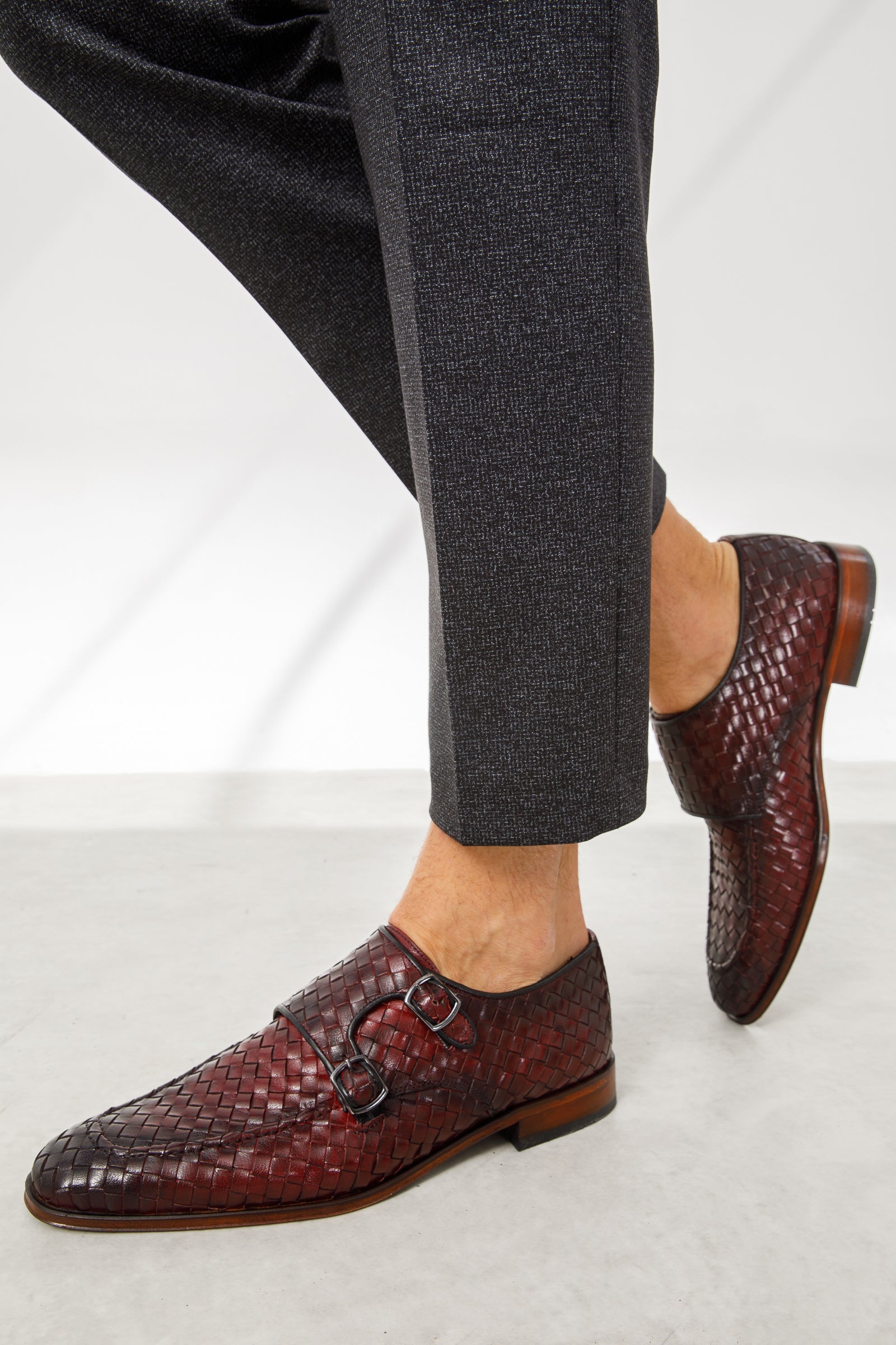 The Turan Burgundy Woven Double Monk Strap Dress  Shoe For Sale