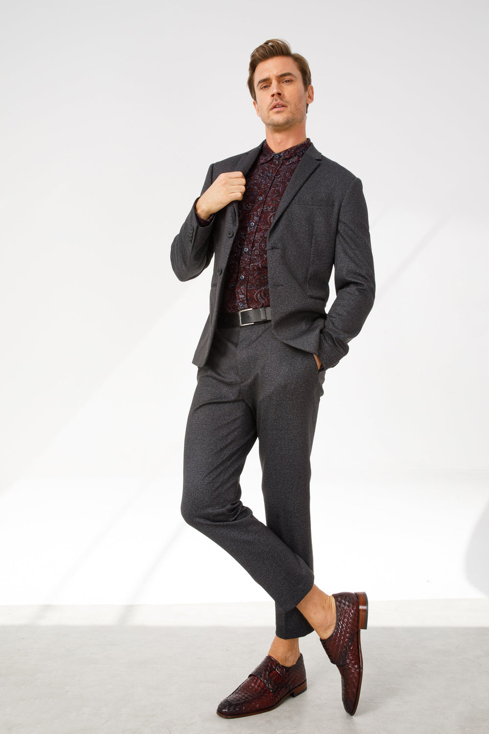 The Turan Burgundy Woven Double Monk Strap Dress  Shoe For Sale
