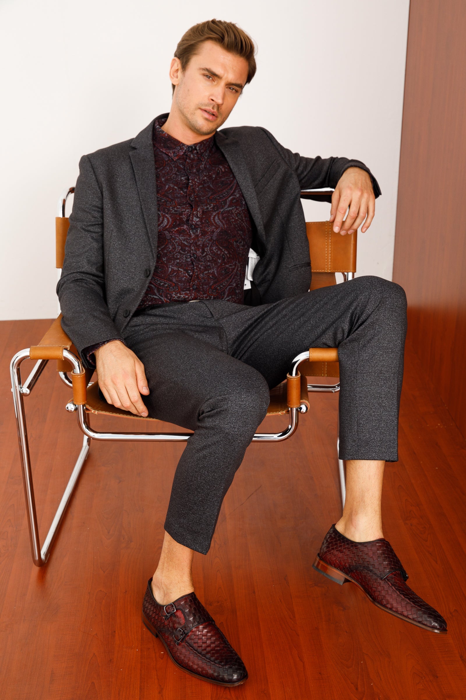 The Turan Burgundy Woven Double Monk Strap Dress  Shoe For Sale