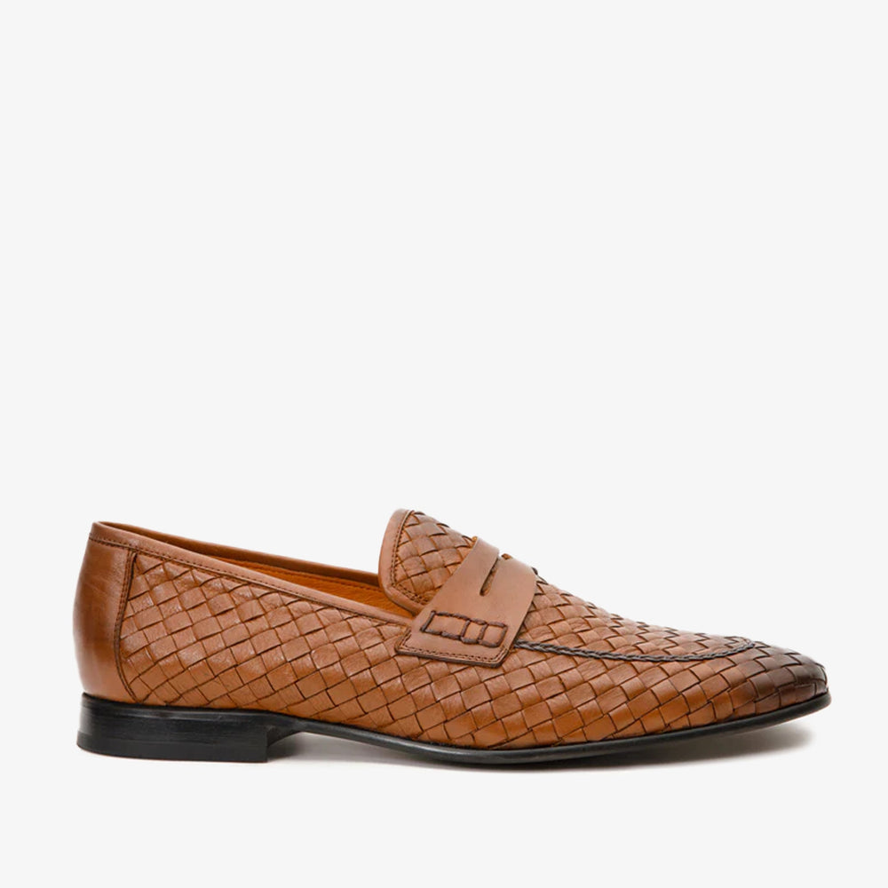 The Grand Woven Leather Tan Shoe Penny Loafer Universal Fit