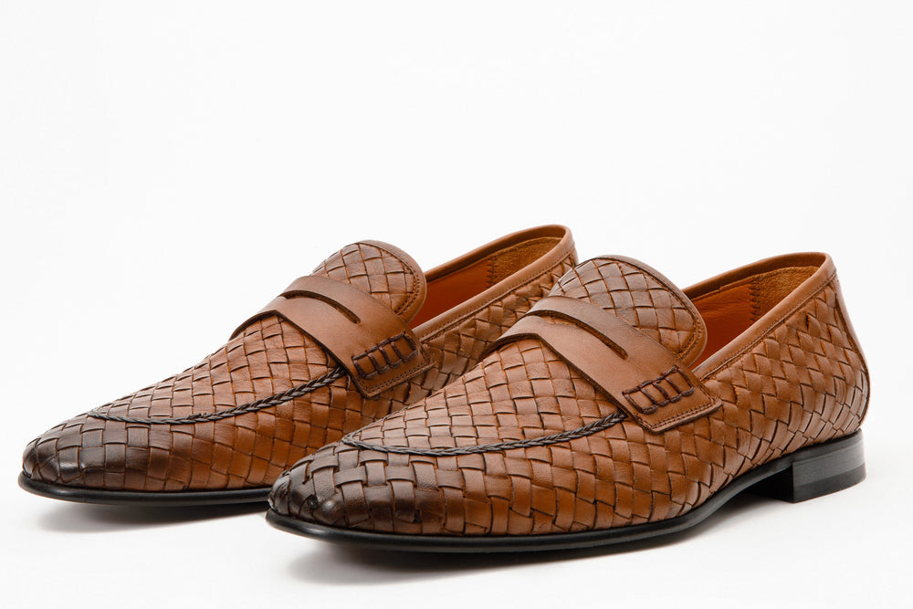 The Grand Woven Leather Tan Shoe Penny Loafer Universal Fit