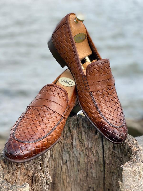The Grand Woven Leather Tan Shoe Penny Loafer Universal Fit