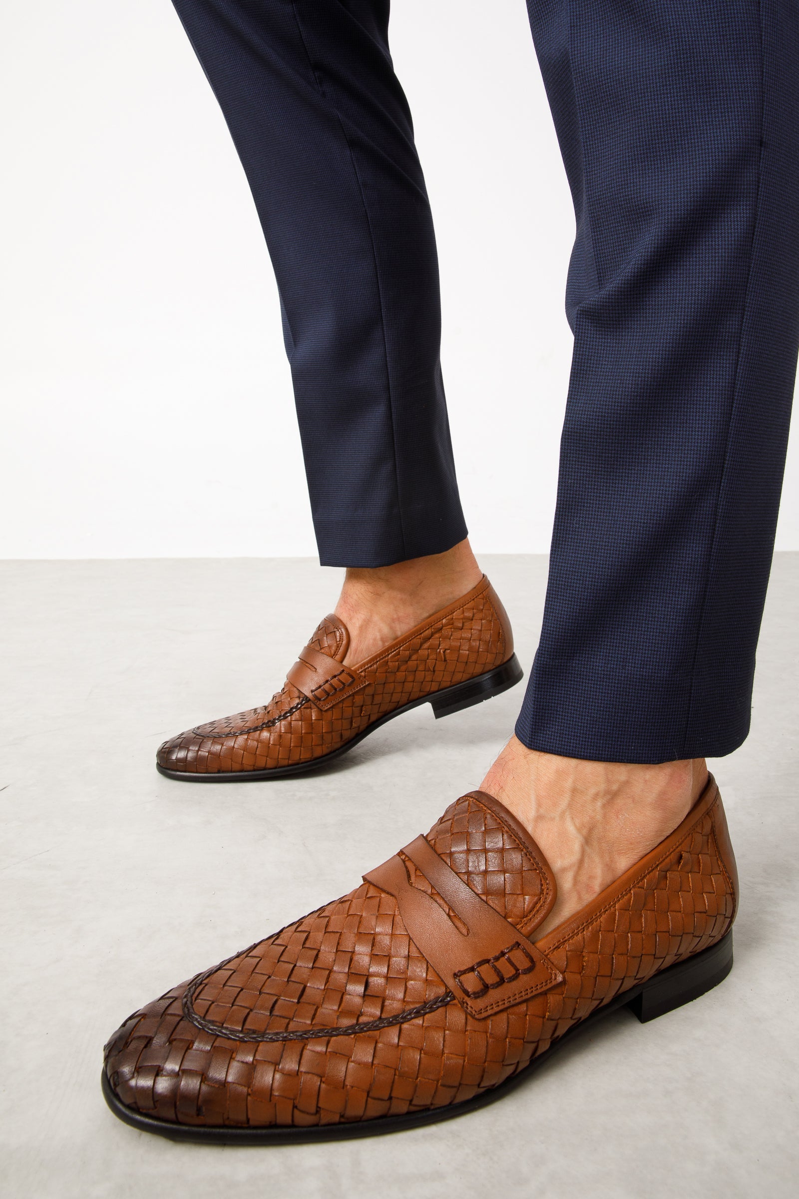 The Grand Woven Leather Tan Shoe Penny Loafer Universal Fit