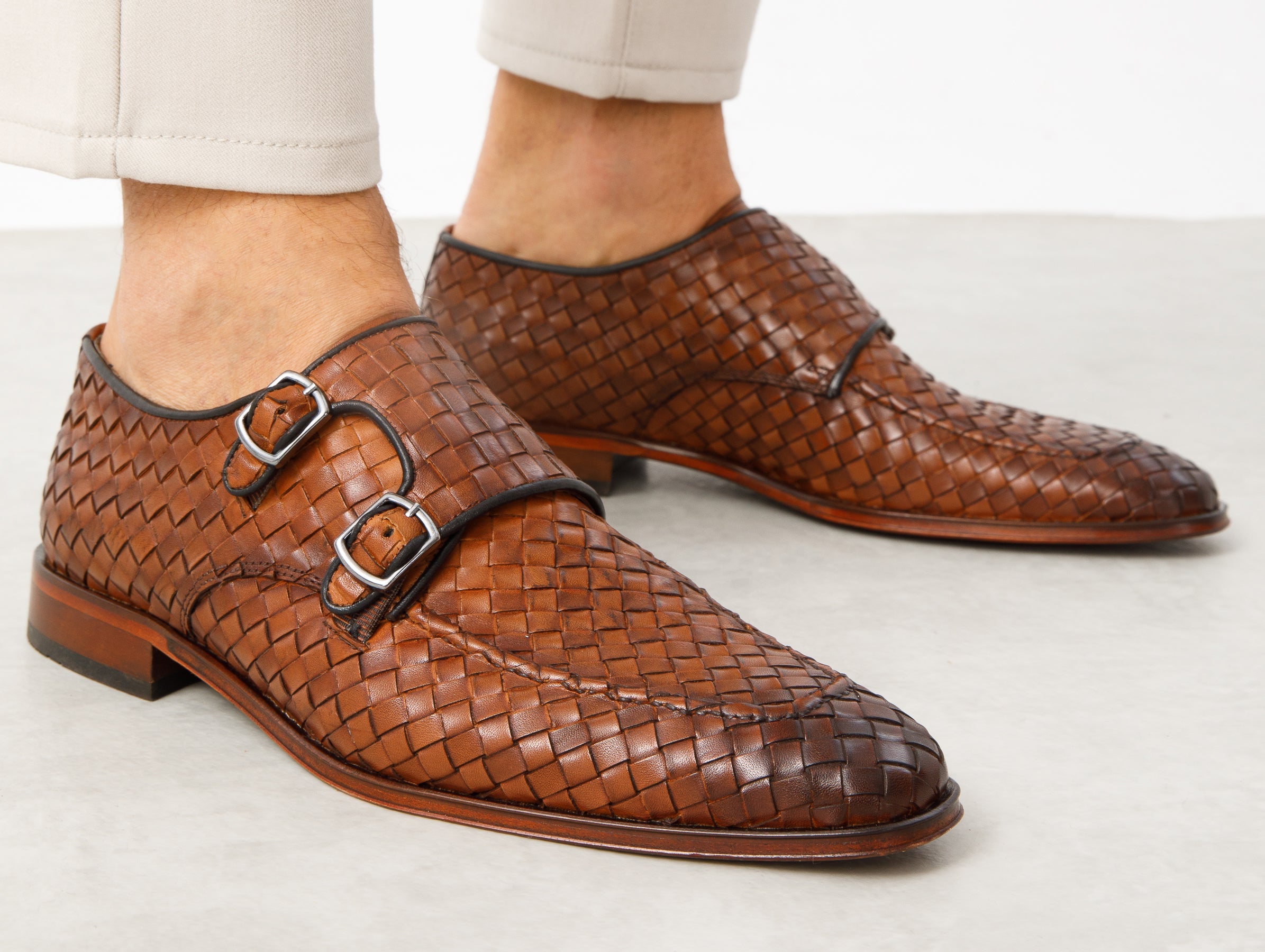 The Turan Brown Woven Double Monk Strap Dress Shoe On Sale