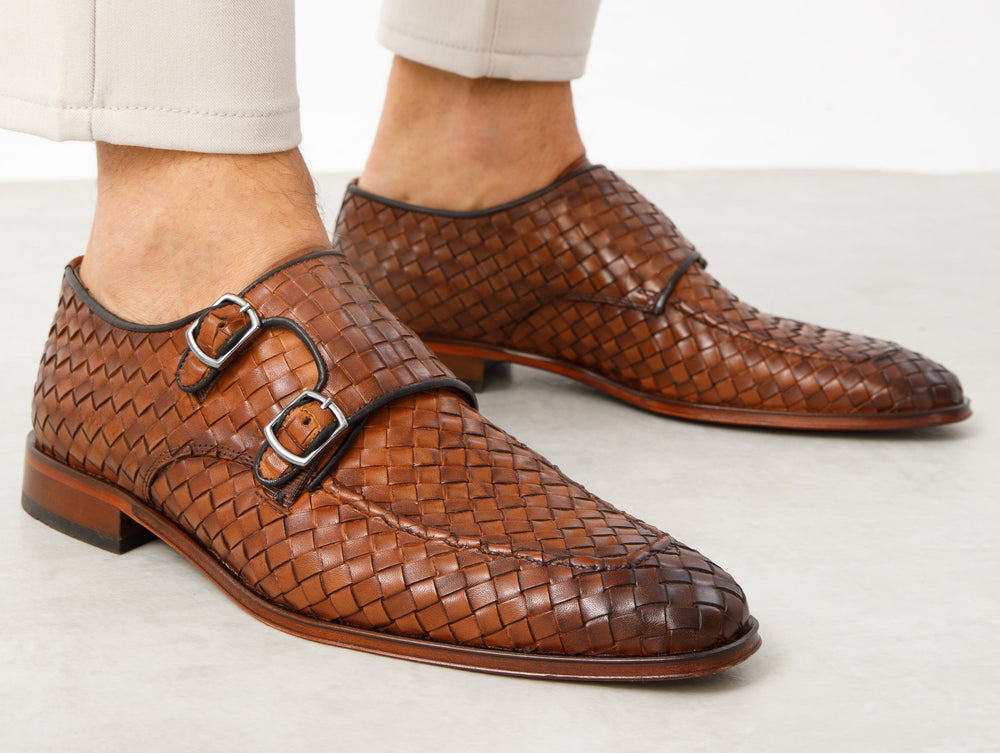 The Turan Brown Woven Double Monk Strap Dress Shoe On Sale