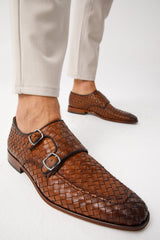 The Turan Brown Woven Double Monk Strap Dress Shoe On Sale