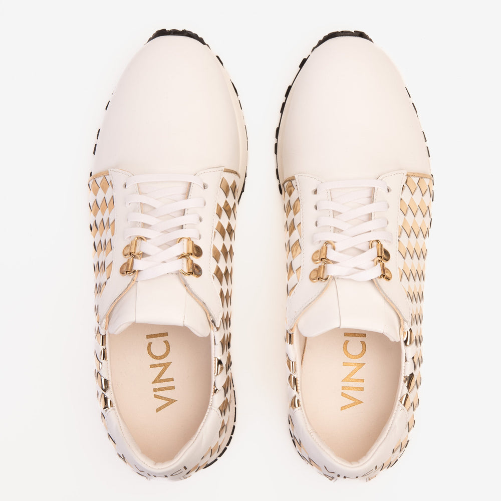 The Mackenzie White Gold Woven Leather Sneaker Fine Craftsmanship