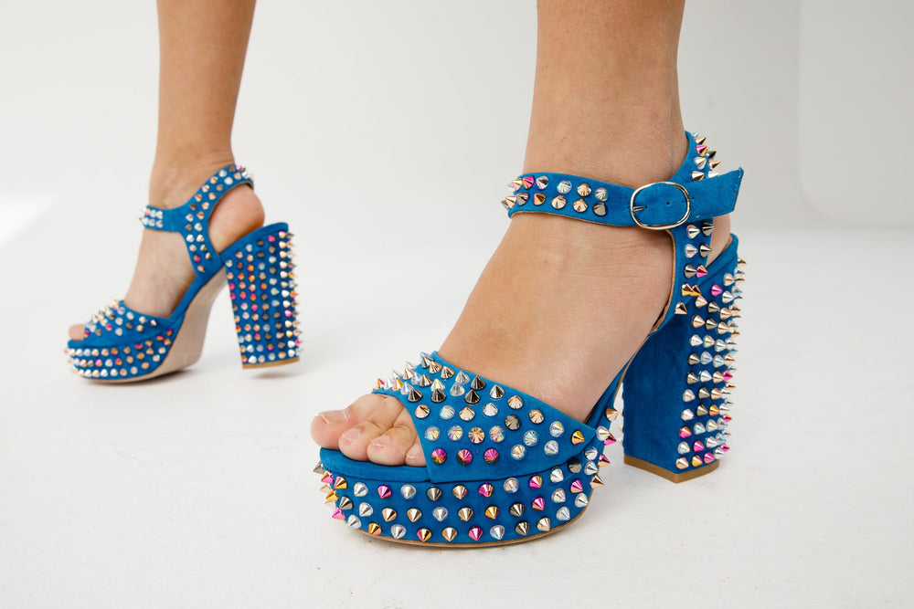The Tampico Blue Suede Leather Spike Platform Heel Sandal Fine Craftsmanship