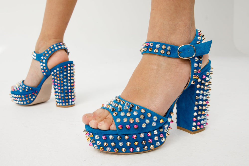 The Tampico Blue Suede Leather Spike Platform Heel Sandal Fine Craftsmanship