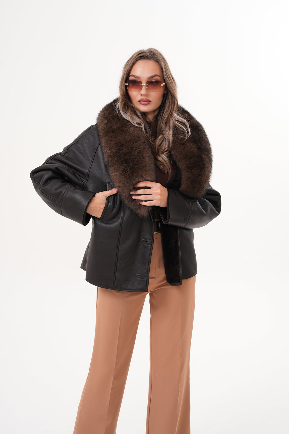 The Estelle Black Brown Shearling Leather Jacket Universal Fit