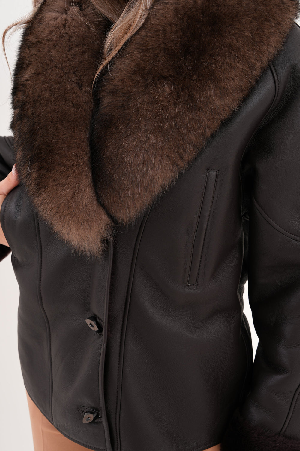 The Estelle Black Brown Shearling Leather Jacket Universal Fit