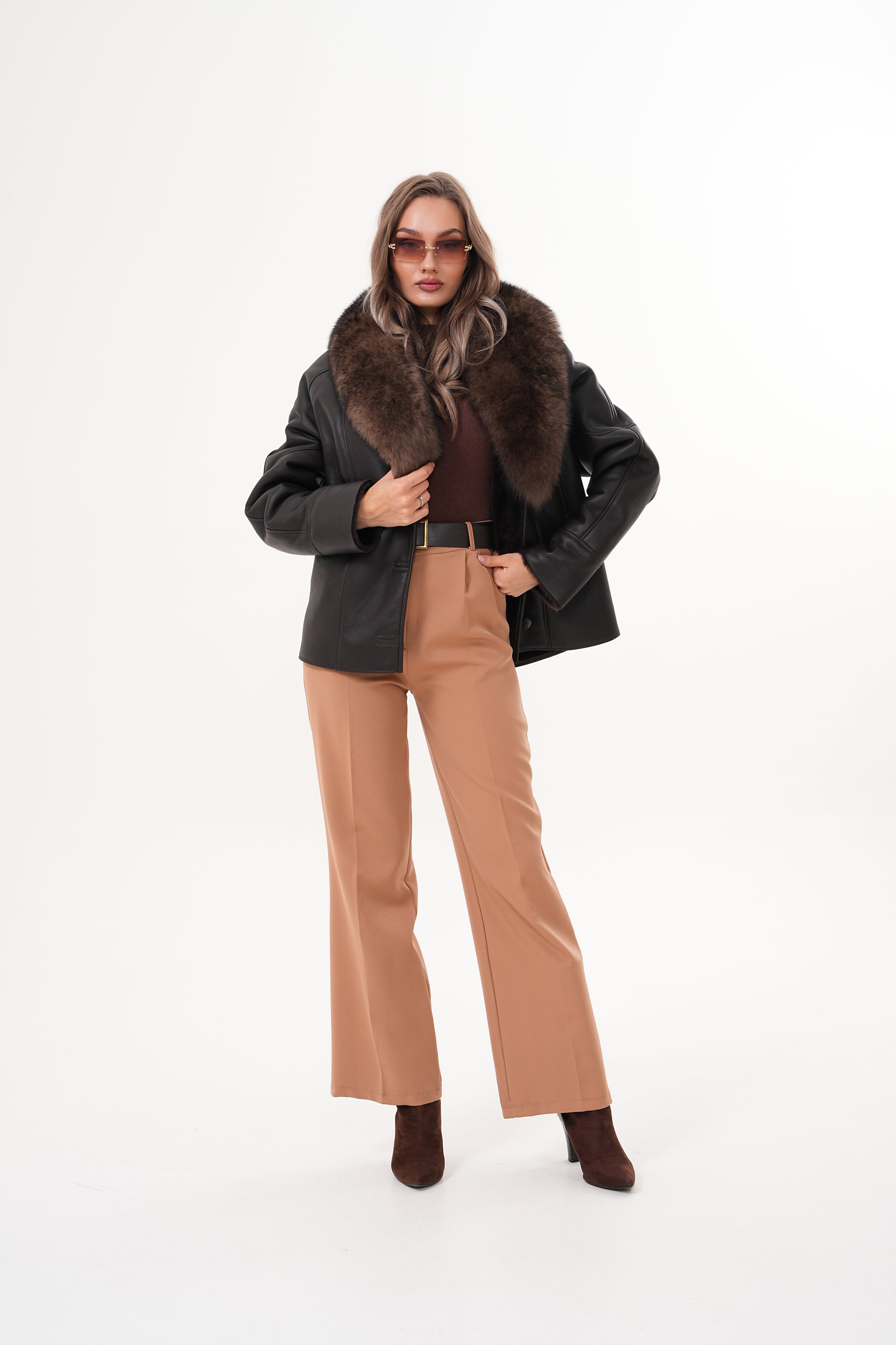 The Estelle Black Brown Shearling Leather Jacket Universal Fit