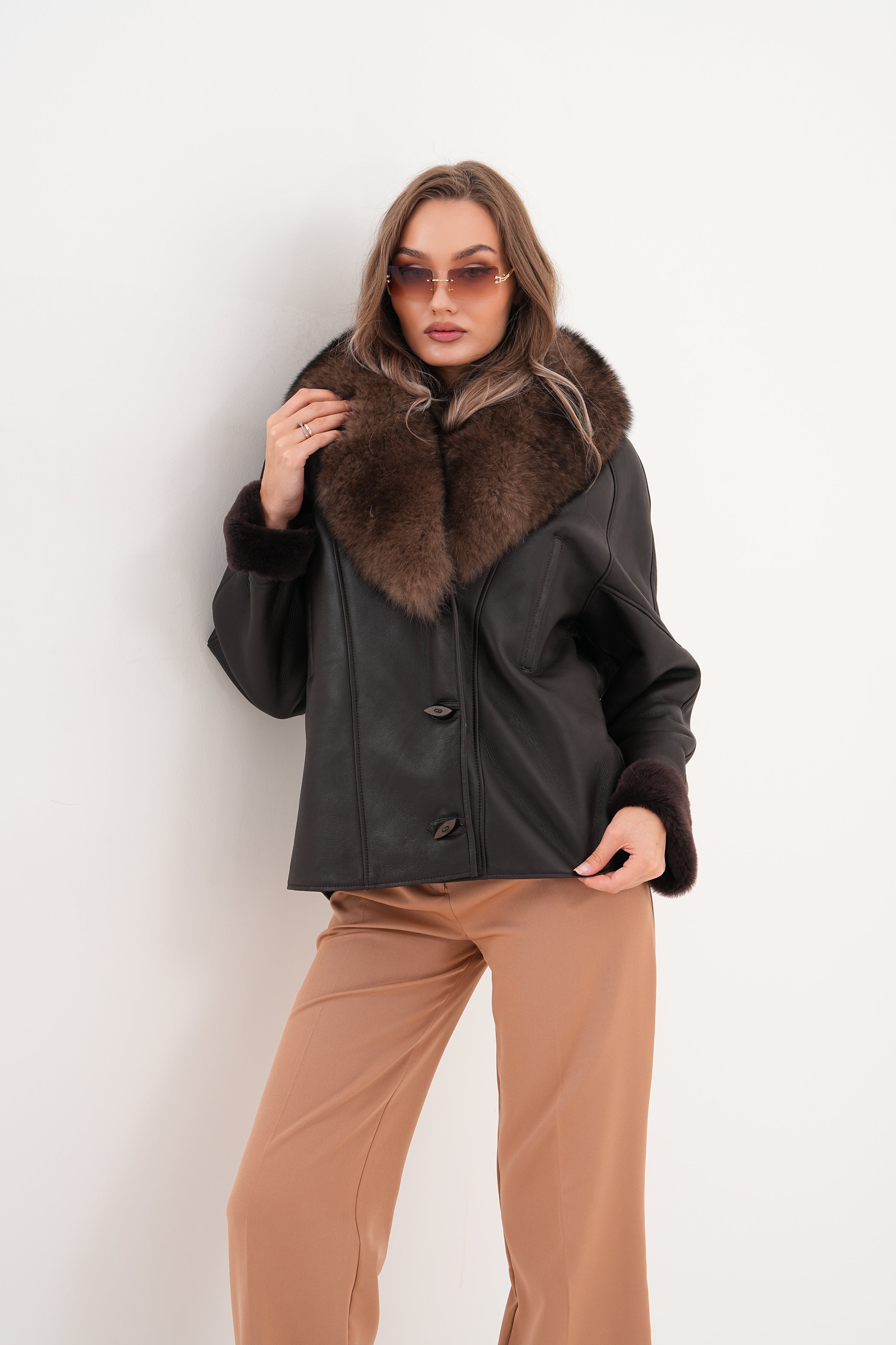 The Estelle Black Brown Shearling Leather Jacket Universal Fit