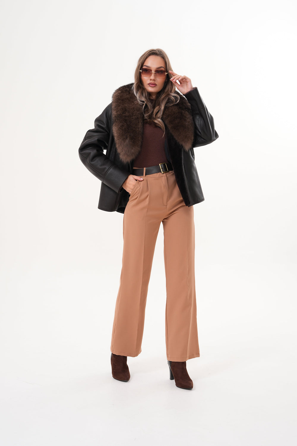The Estelle Black Brown Shearling Leather Jacket Universal Fit