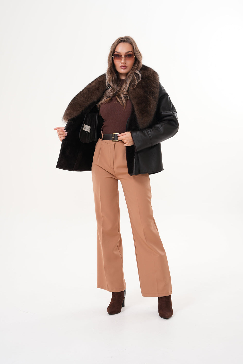 The Estelle Black Brown Shearling Leather Jacket Universal Fit