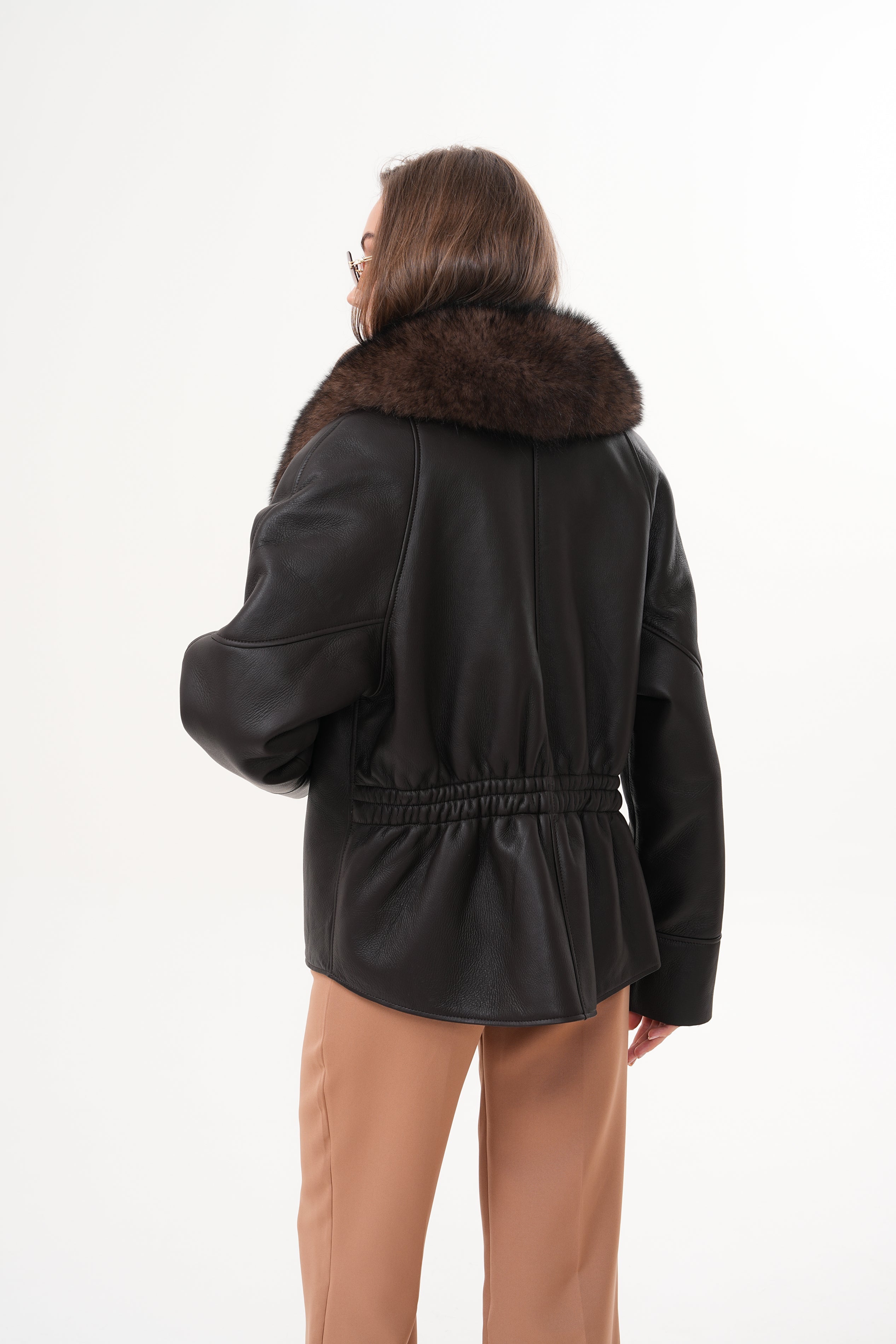 The Estelle Black Brown Shearling Leather Jacket Universal Fit