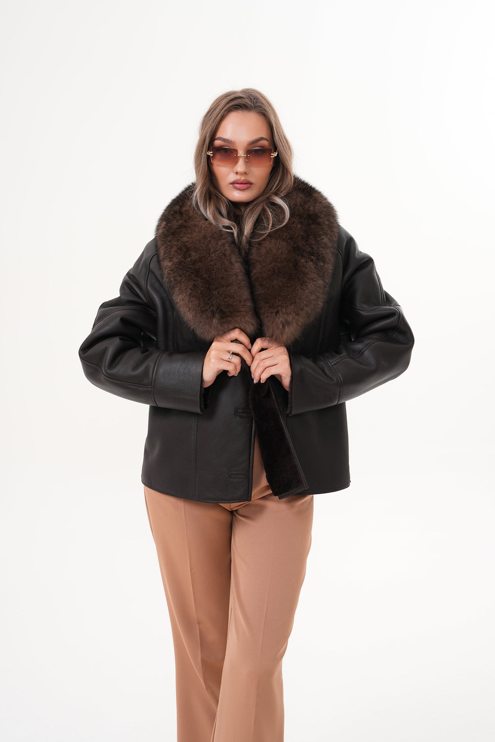 The Estelle Black Brown Shearling Leather Jacket Universal Fit