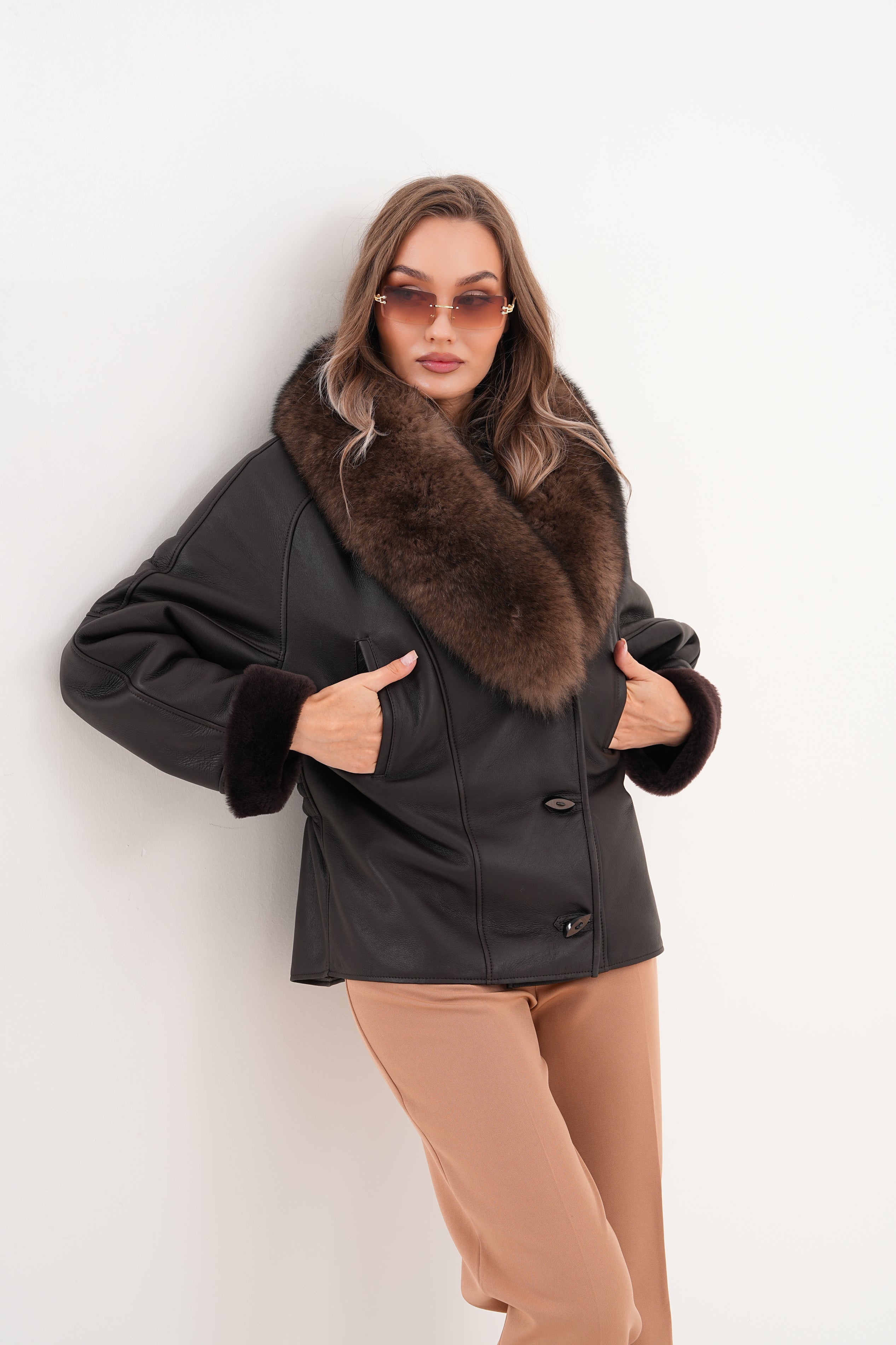 The Estelle Black Brown Shearling Leather Jacket Universal Fit