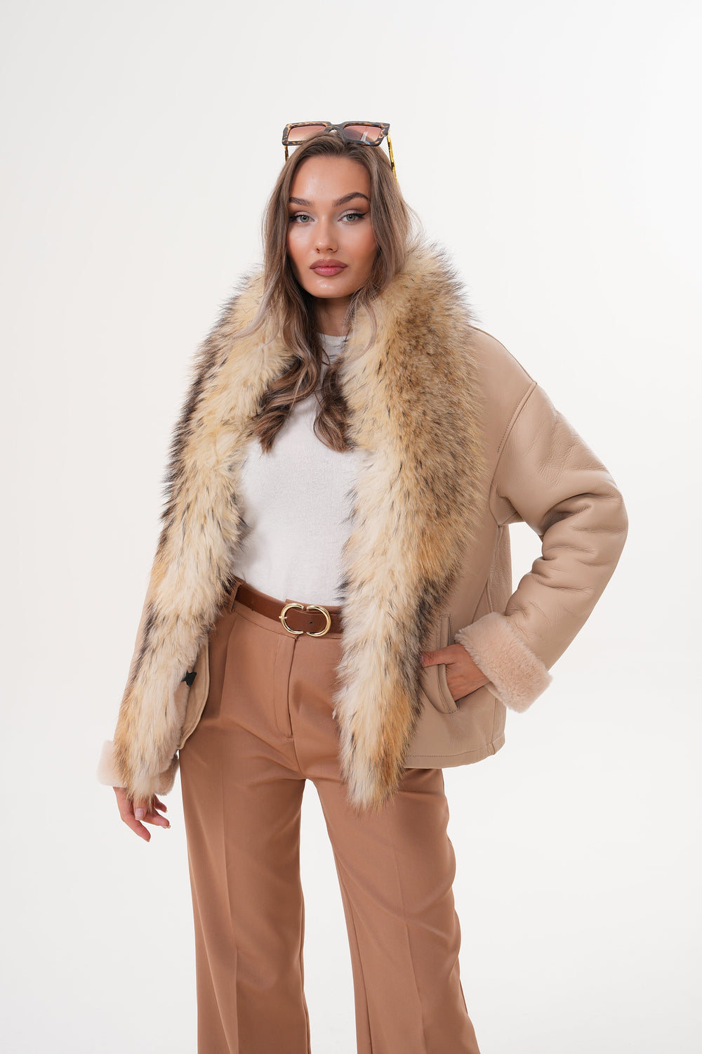The Elise Beige Shearling Leather Jacket On Sale