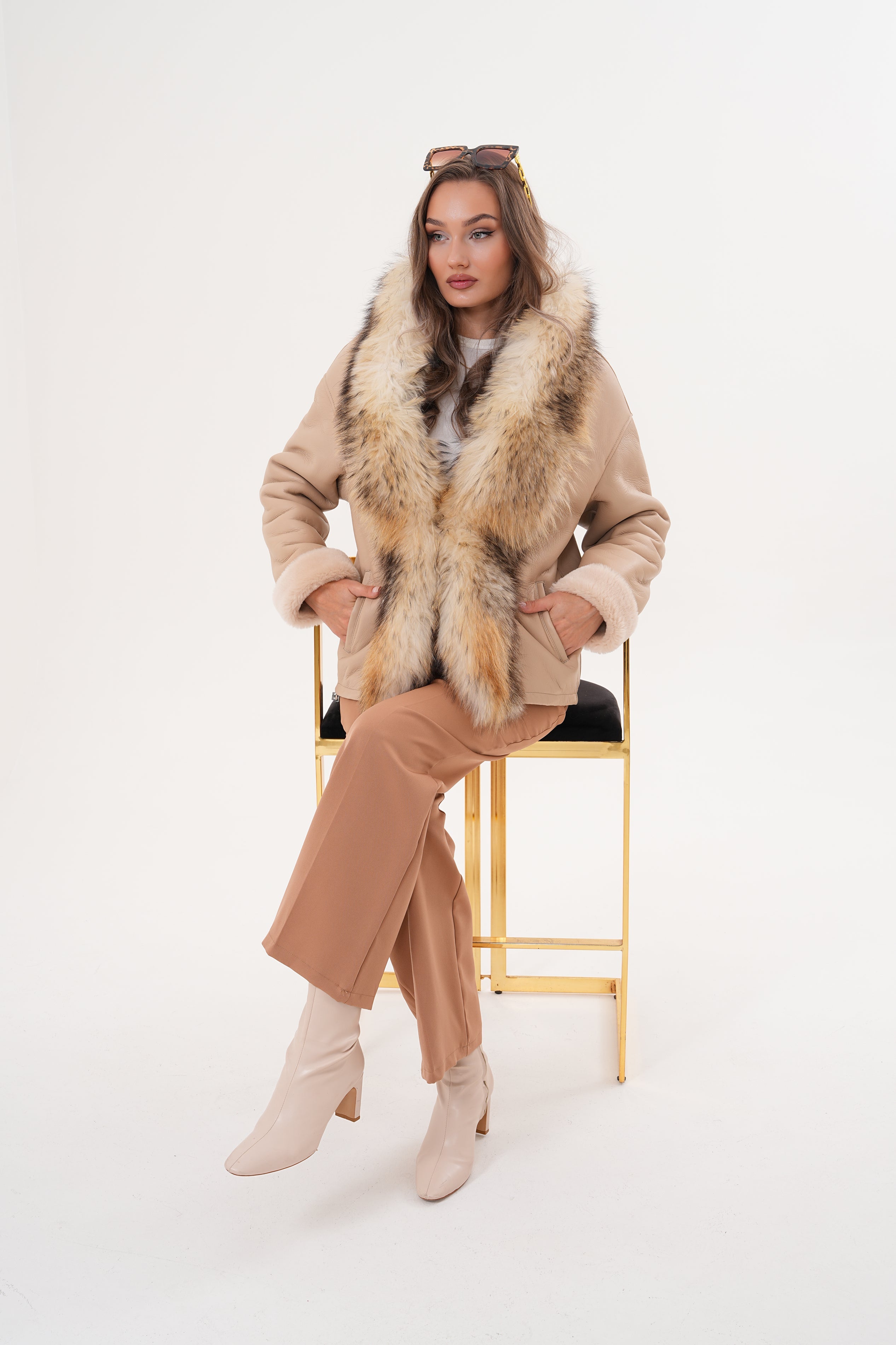 The Elise Beige Shearling Leather Jacket On Sale
