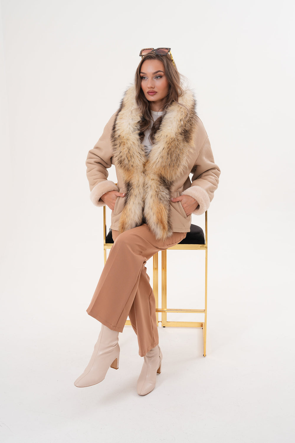 The Elise Beige Shearling Leather Jacket On Sale