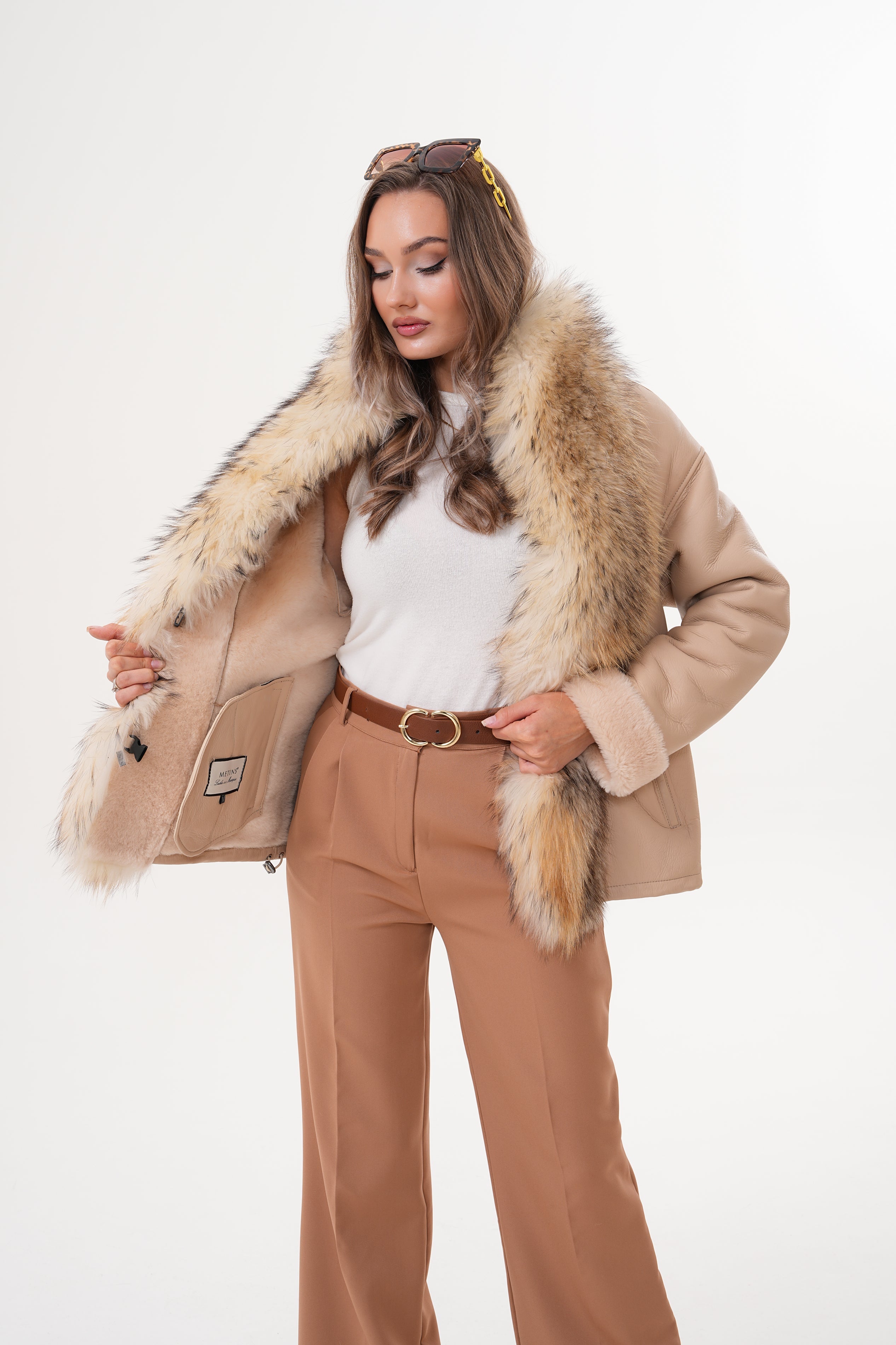 The Elise Beige Shearling Leather Jacket On Sale