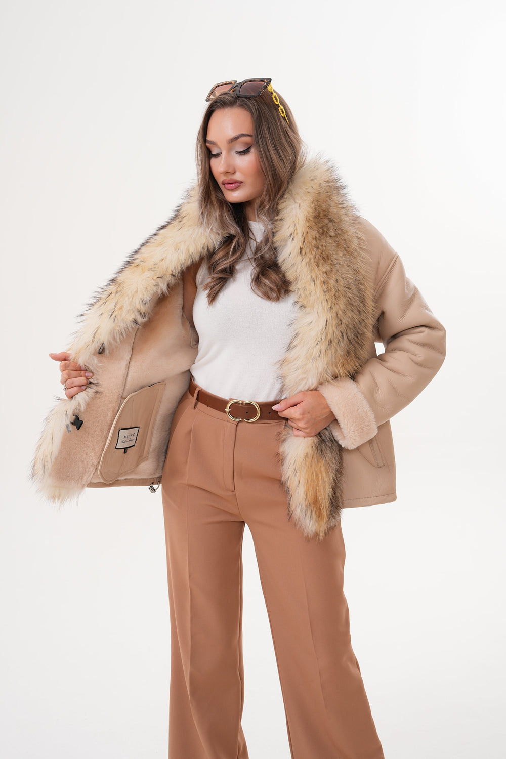 The Elise Beige Shearling Leather Jacket On Sale