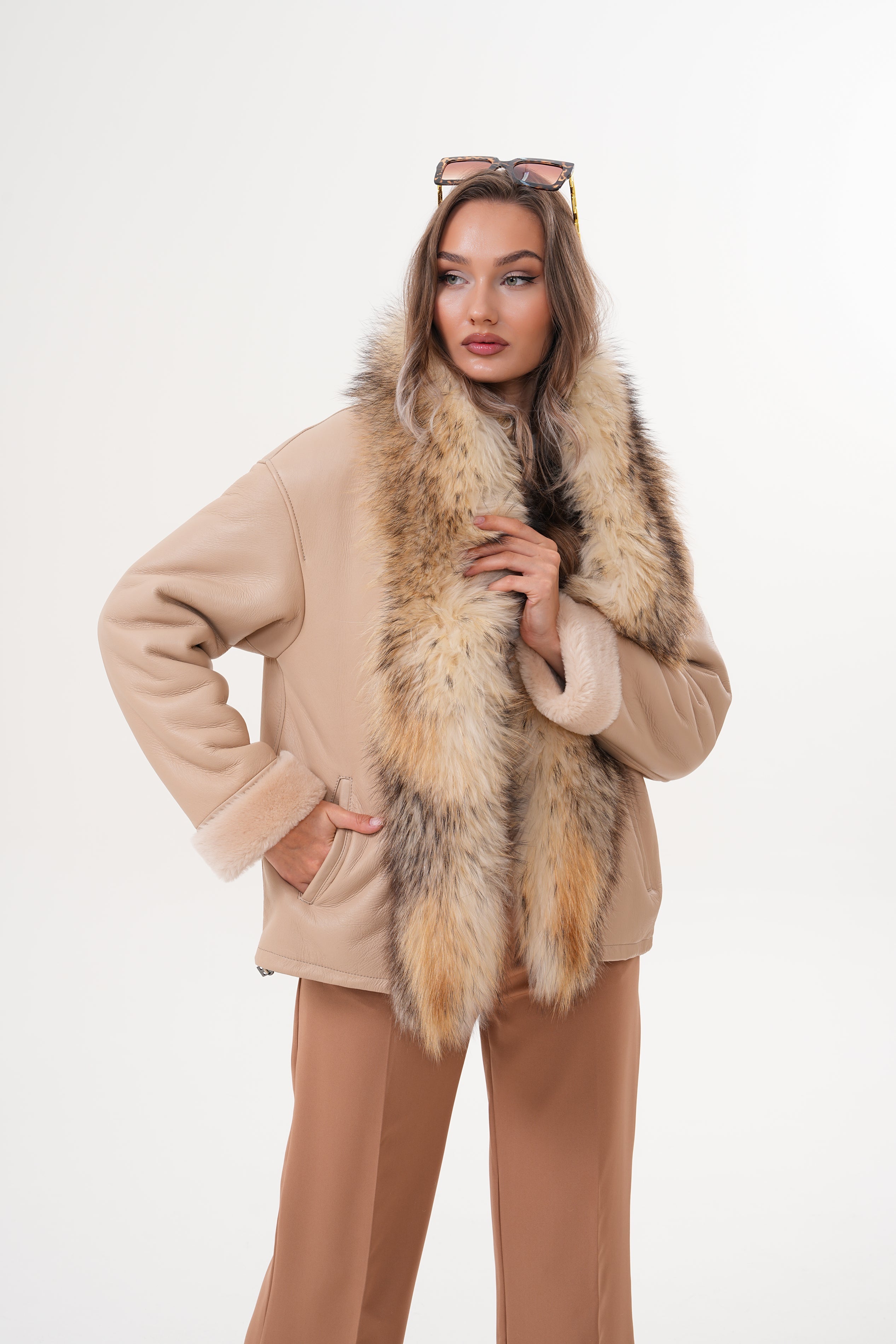 The Elise Beige Shearling Leather Jacket On Sale