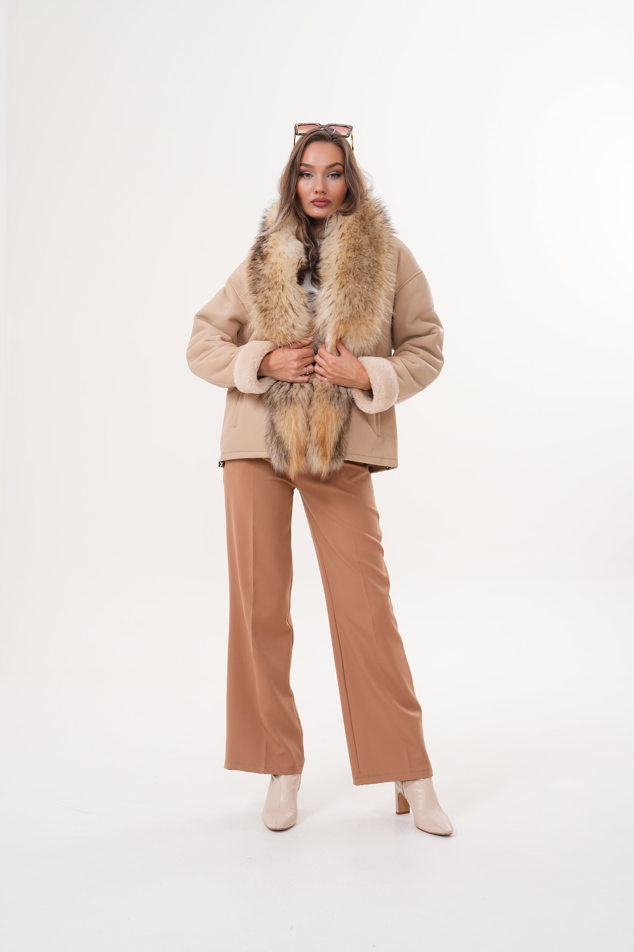 The Elise Beige Shearling Leather Jacket On Sale