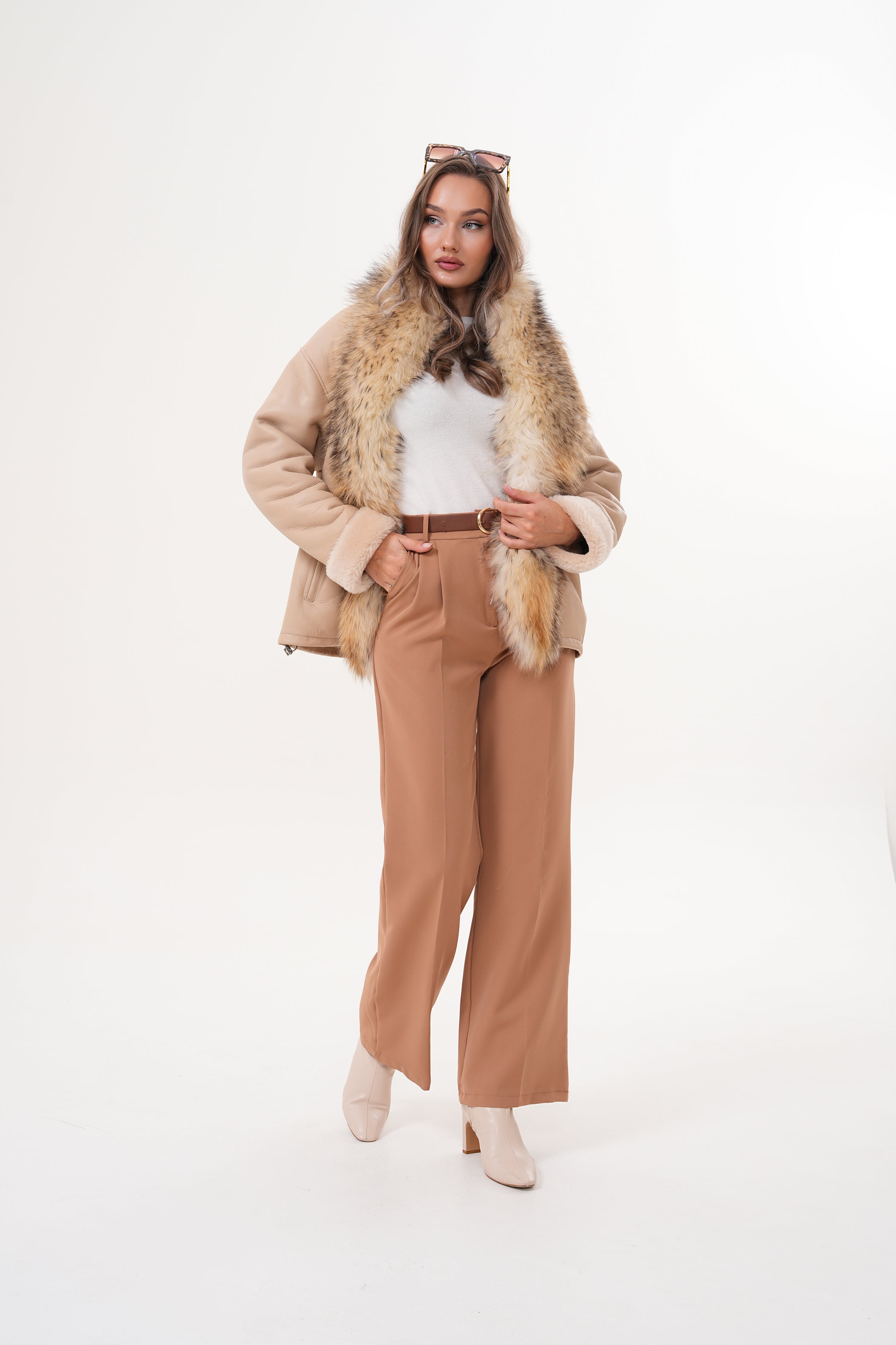 The Elise Beige Shearling Leather Jacket On Sale