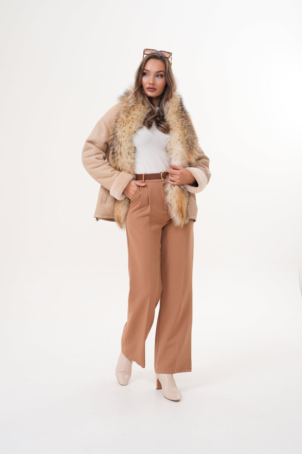 The Elise Beige Shearling Leather Jacket On Sale