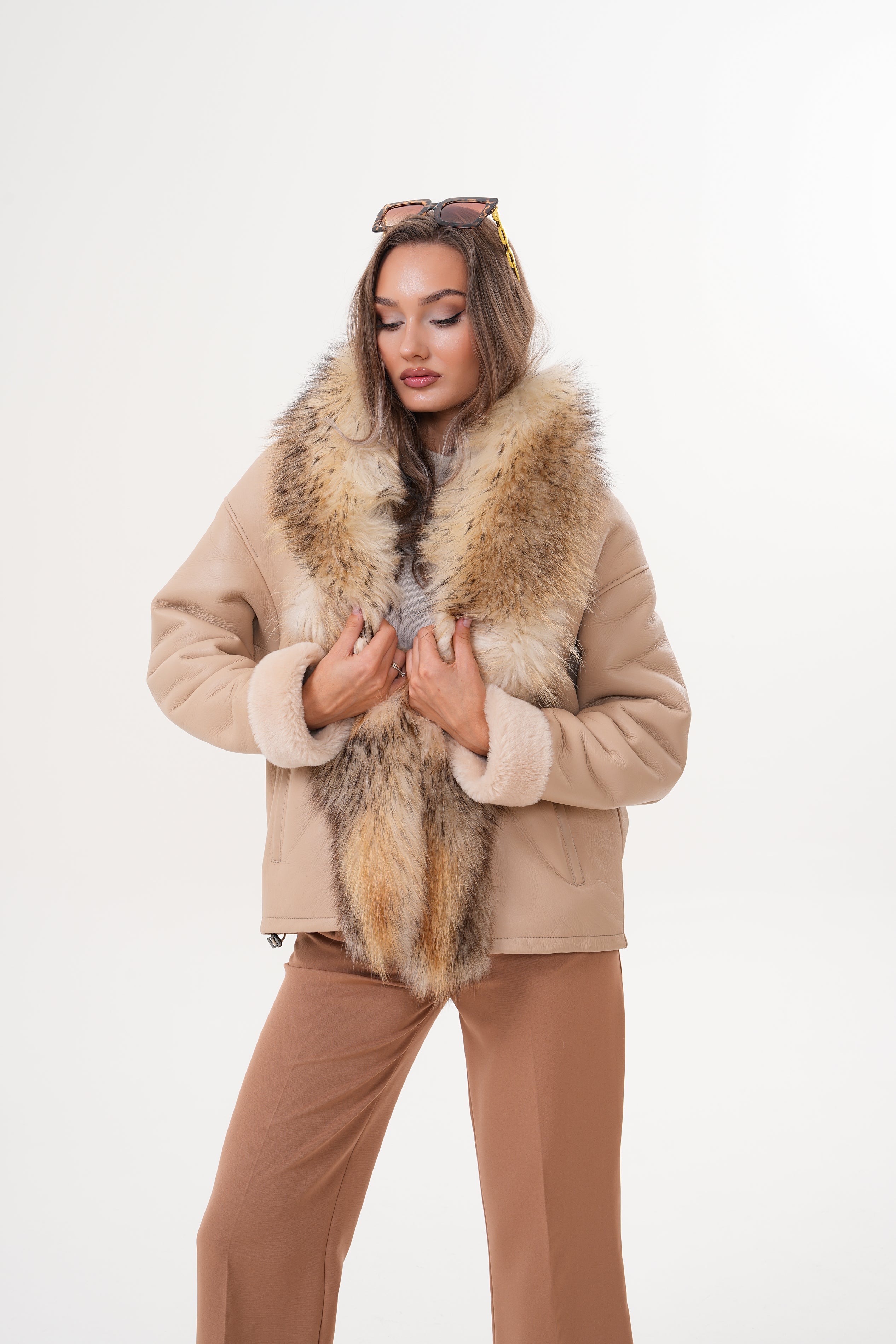 The Elise Beige Shearling Leather Jacket On Sale
